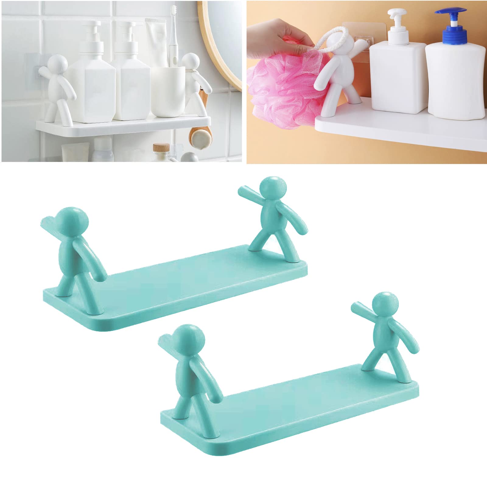 Floating Shelves for Bathroom Wall Mounted - No Drill Humanoid Storage Shelf & Hanging Rack, Space Saving Bathroom Organizer (Blue, 2 Pack) - Perfect for Small Bathrooms, Showers & Bedroom Storage Solutions
