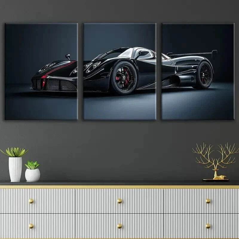 3-Piece Abstract Black Sports Car Racing Wall Art Set - Framed Canvas 50x70cm (20x28in) - High Quality Print - 100% Australian Made - Ready to Hang - Perfect for Man Cave, Game Room, Office or Garage Decor