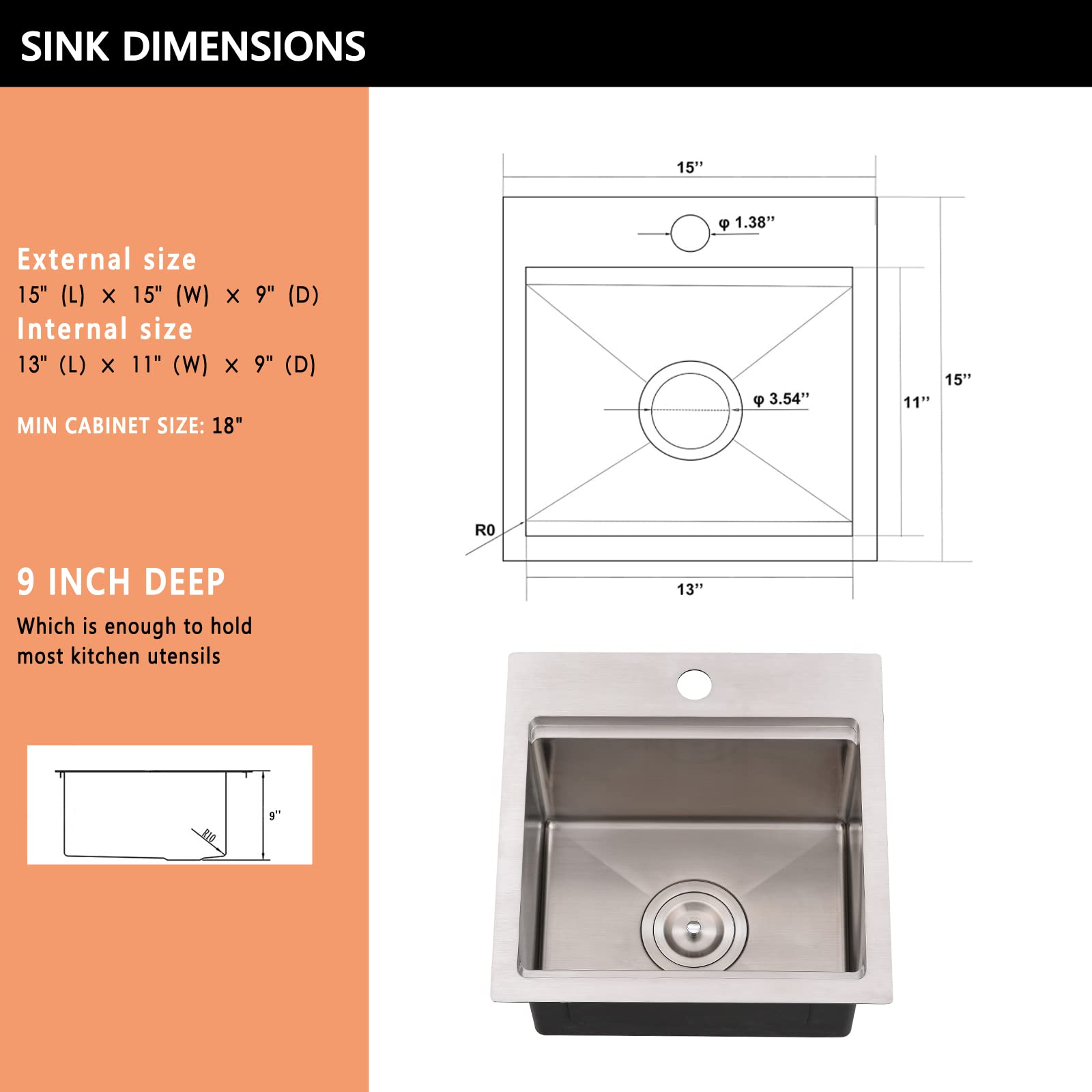 15x15 Inch Drop-in Bar Sink Workstation - 16 Gauge Stainless Steel Single Bowl Small Kitchen Sink with Cutting Board for Outdoor RV, Camper, Tiny House & Home Bar Use