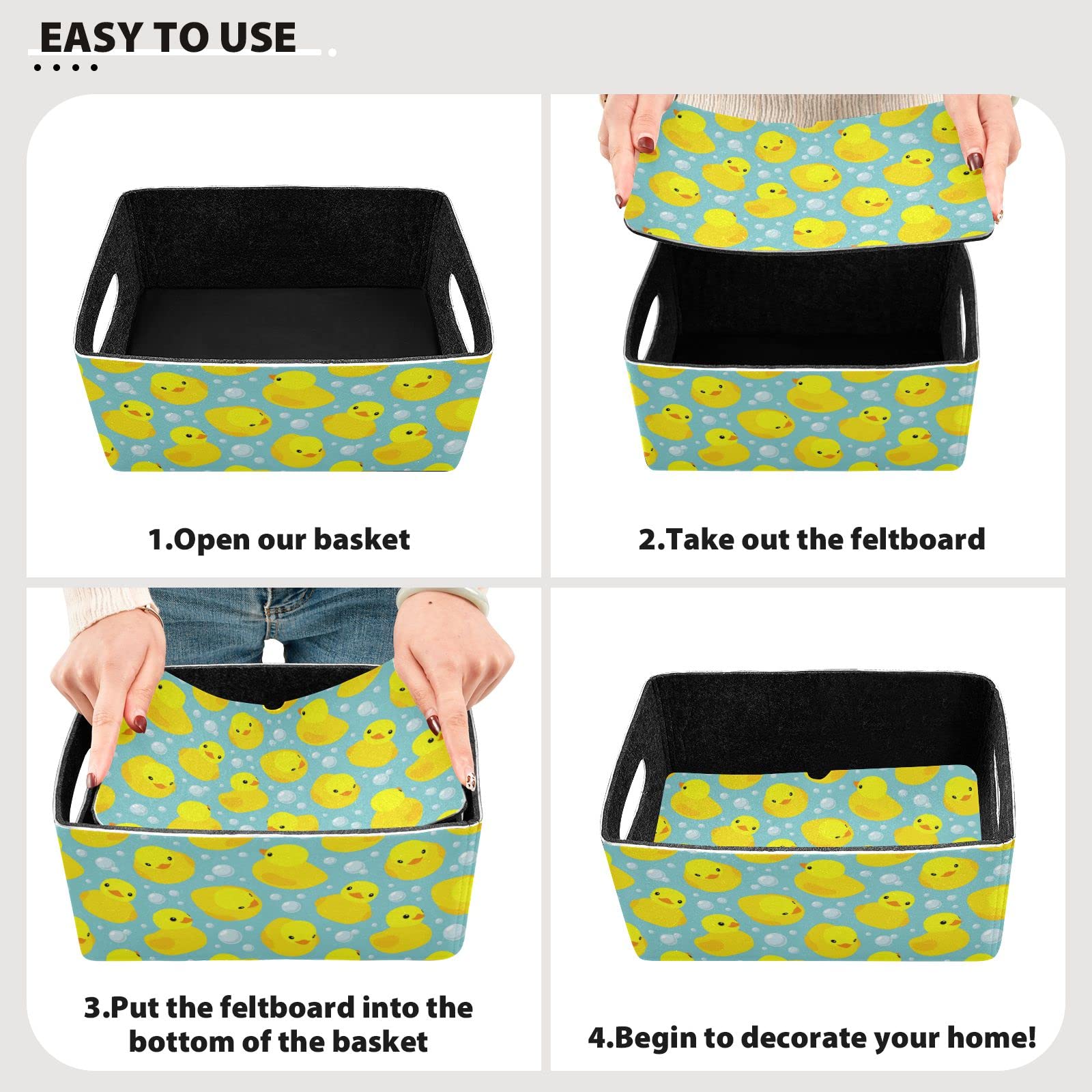 Linqin Yellow Rubber Duck Collapsible Storage Bins & Baskets, 2-Pack Foldable Felt Fabric Organizer Cube Box for Nursery, Home Shelves & Closet Organization | Kids Room Decor, Bathroom Storage & Toy Organizer