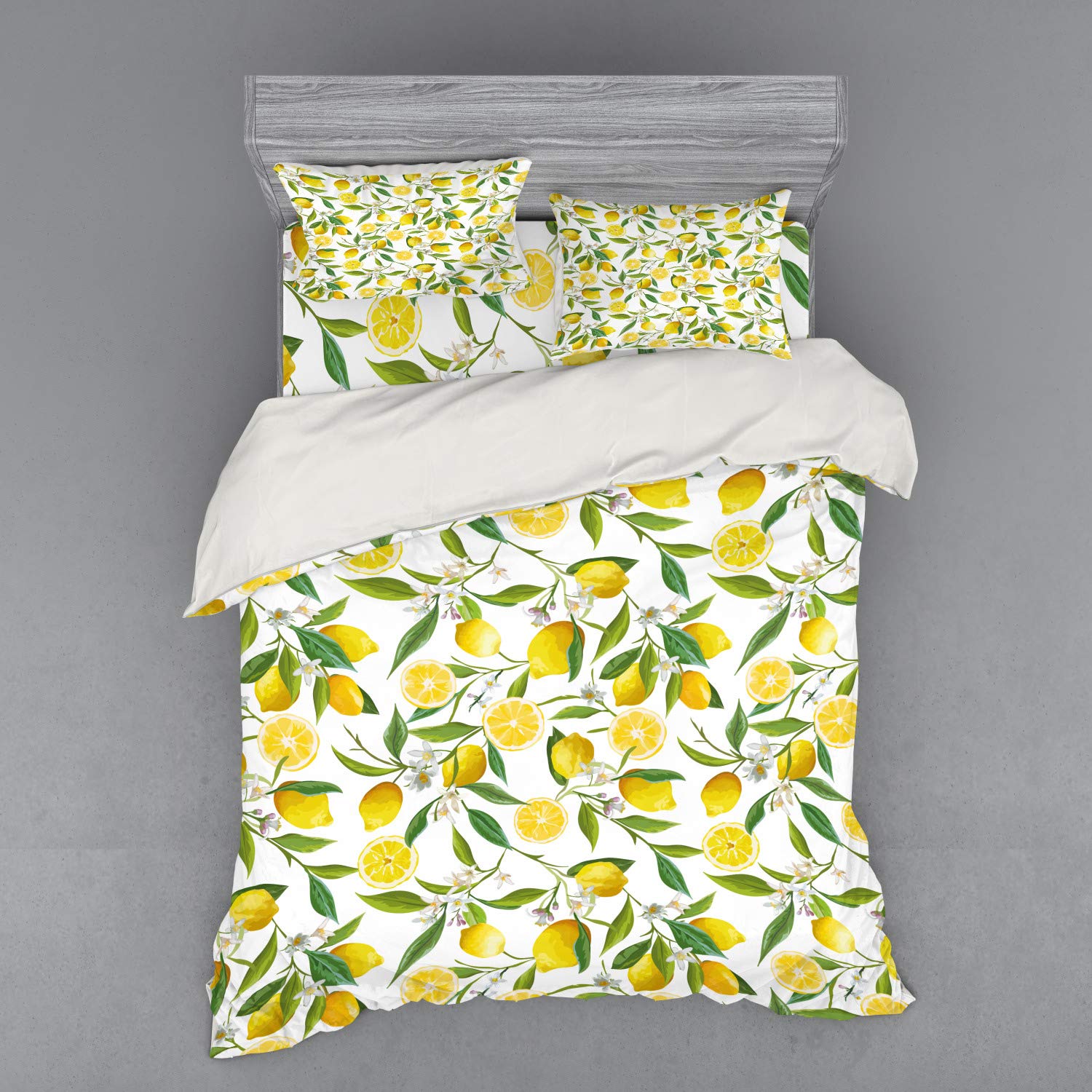 Ambesonne 4-Piece Queen Duvet Cover Set - Exotic Lemon Tree Branches Kitchen & Garden Design, Fern Green Yellow White, Soft Bedding with Shams & Fitted Sheet for Cozy Bedroom Decor, Perfect for Farmhouse & Boho Style Homes