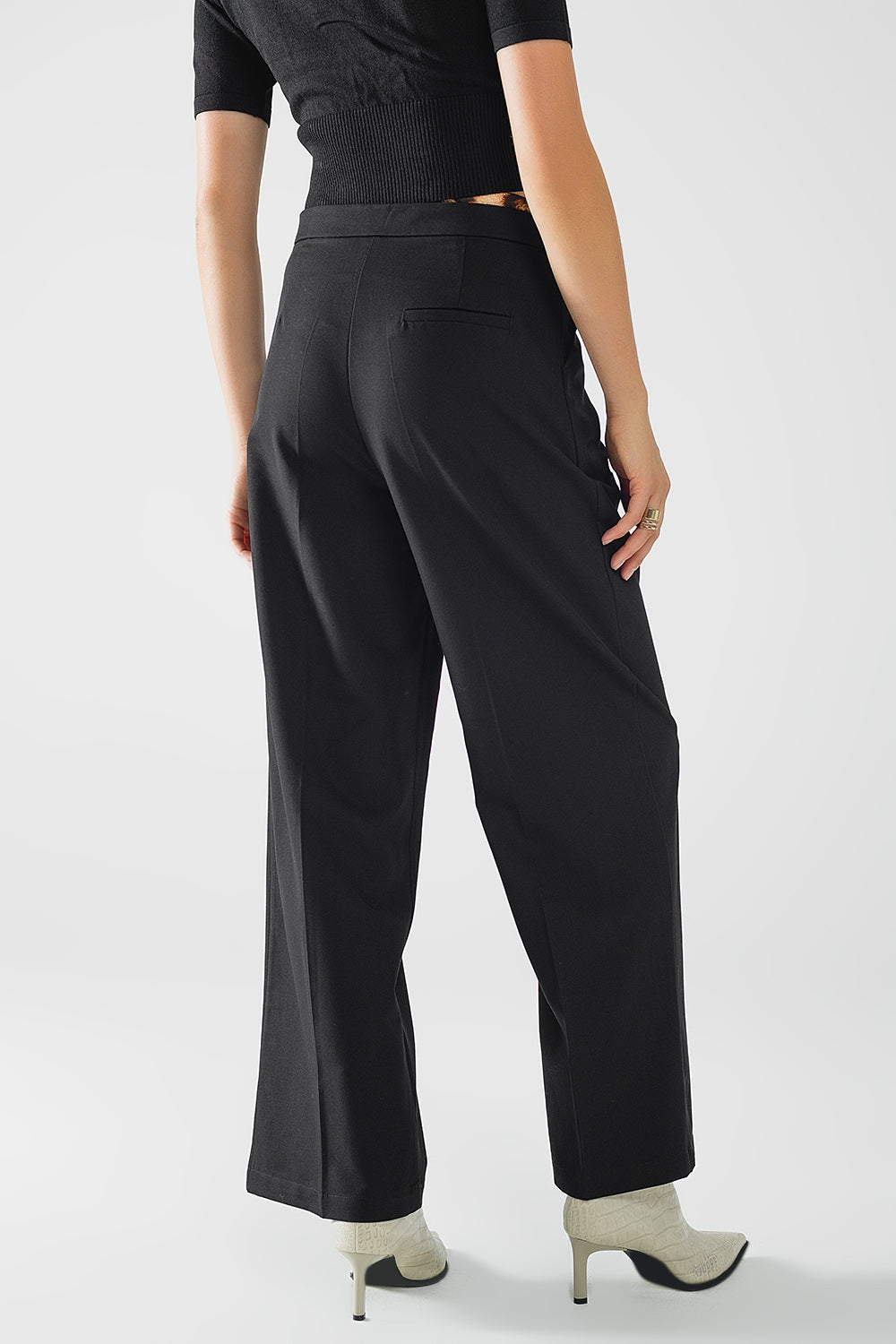Black Pleated Long Pants with Leopard Waist Detail - Perfect for Office Wear, Casual Outfits & Evening Events
