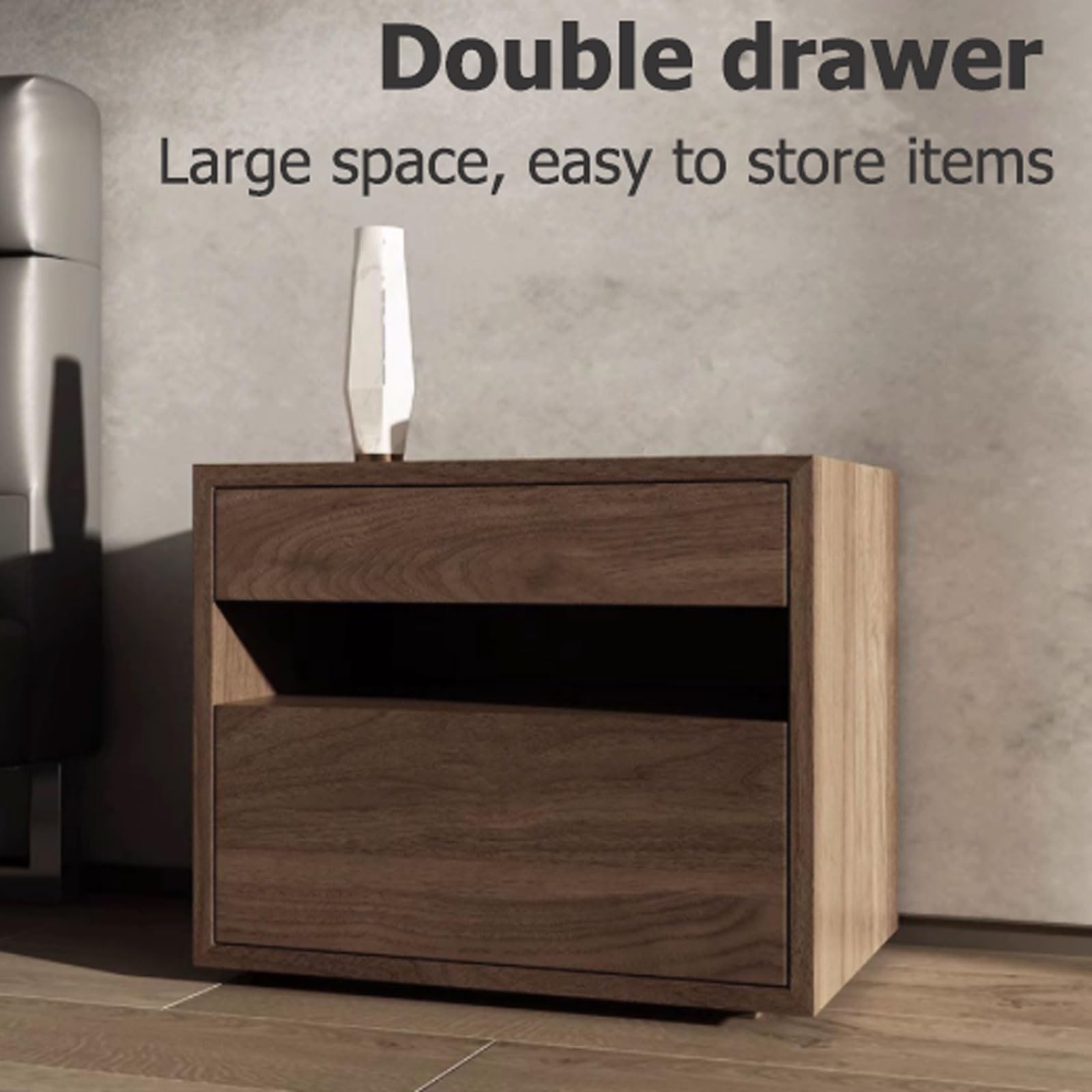 SOBOUR Minimalist Wood Nightstand with 2 Drawers - Slim Rectangular Bedside Table for Bedroom, Living Room & Office - Modern Storage Dresser for Small Spaces, Books, Lamps & Bedroom Essentials