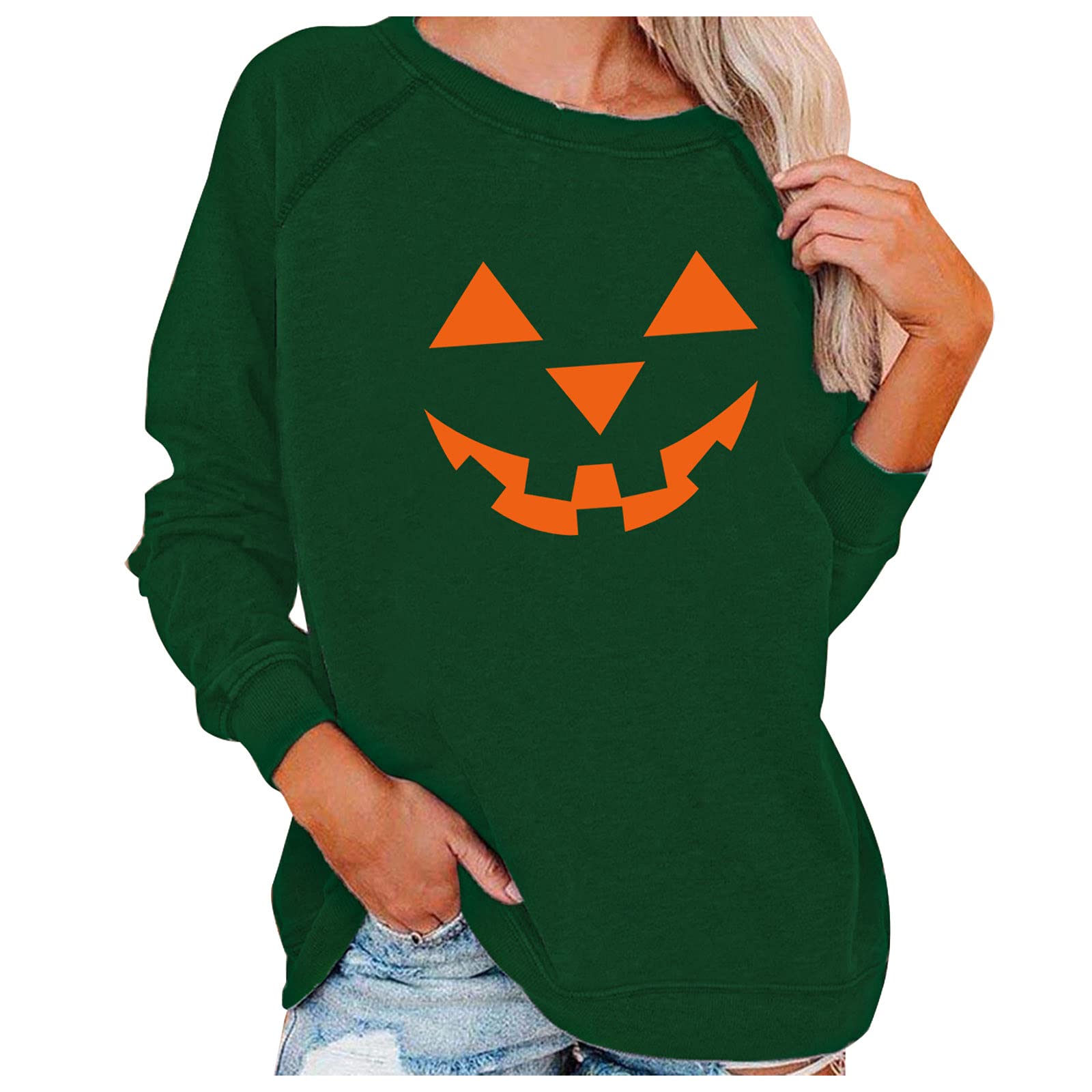 Women's Halloween Pumpkin Print Long Sleeve Sweatshirt - Lightweight Casual Pullover Top for Fall & Cozy Seasonal Outfits | Perfect for Pumpkin Patch Visits, Halloween Parties & Autumn Layering