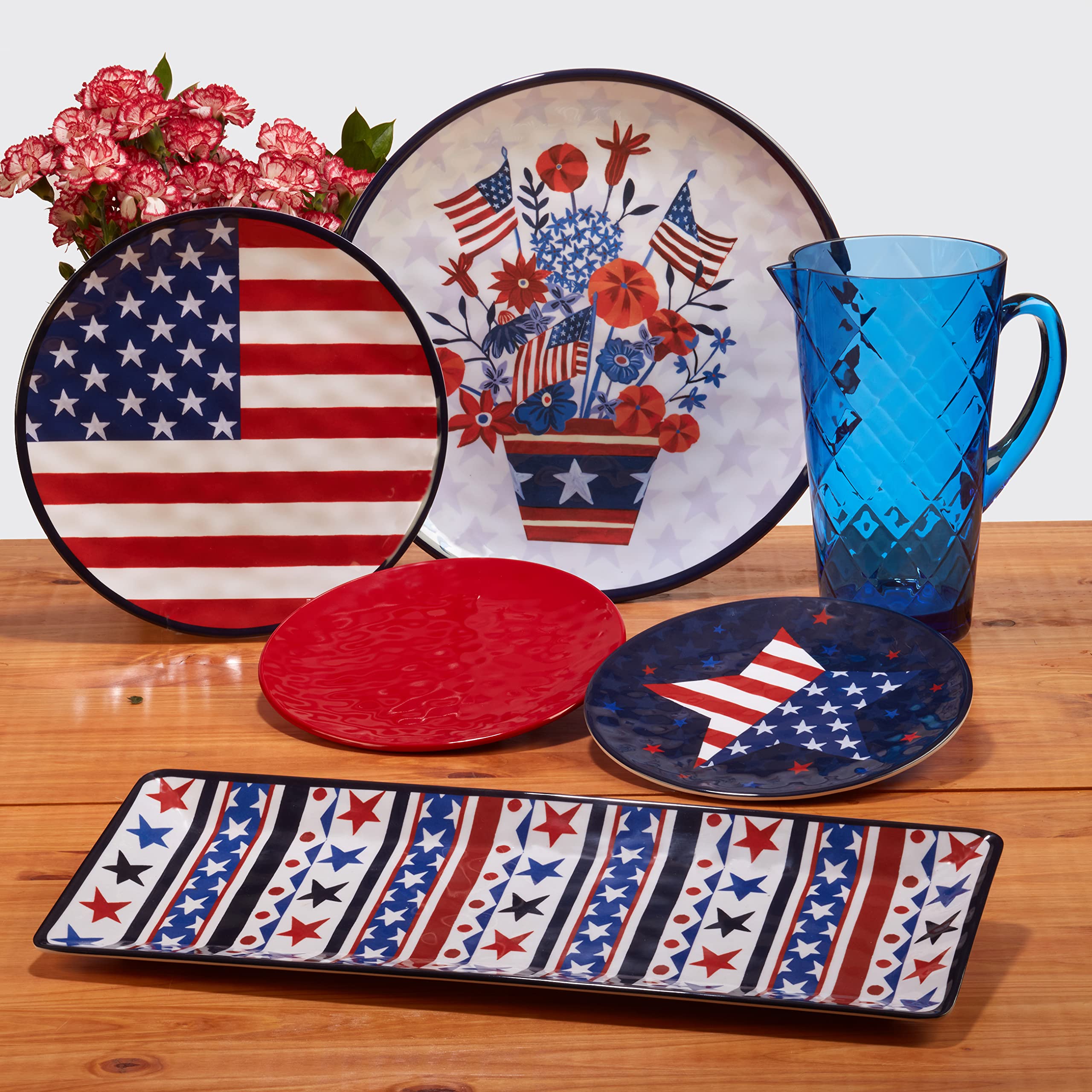Certified International Stars & Stripes 12-Piece Melamine Dinnerware Set - Service for 4, Durable & Colorful Plates, Bowls & Mugs - Perfect for Outdoor Dining, Picnics & Patriotic Parties