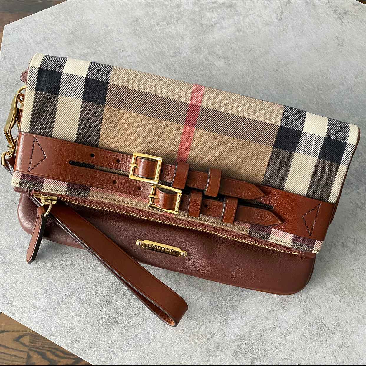 Burberry Brown Fold Over Check Wristlet Clutch Bag | Luxury Designer Crossbody Purse for Women | Perfect for Evening Parties, Date Nights & Special Occasions