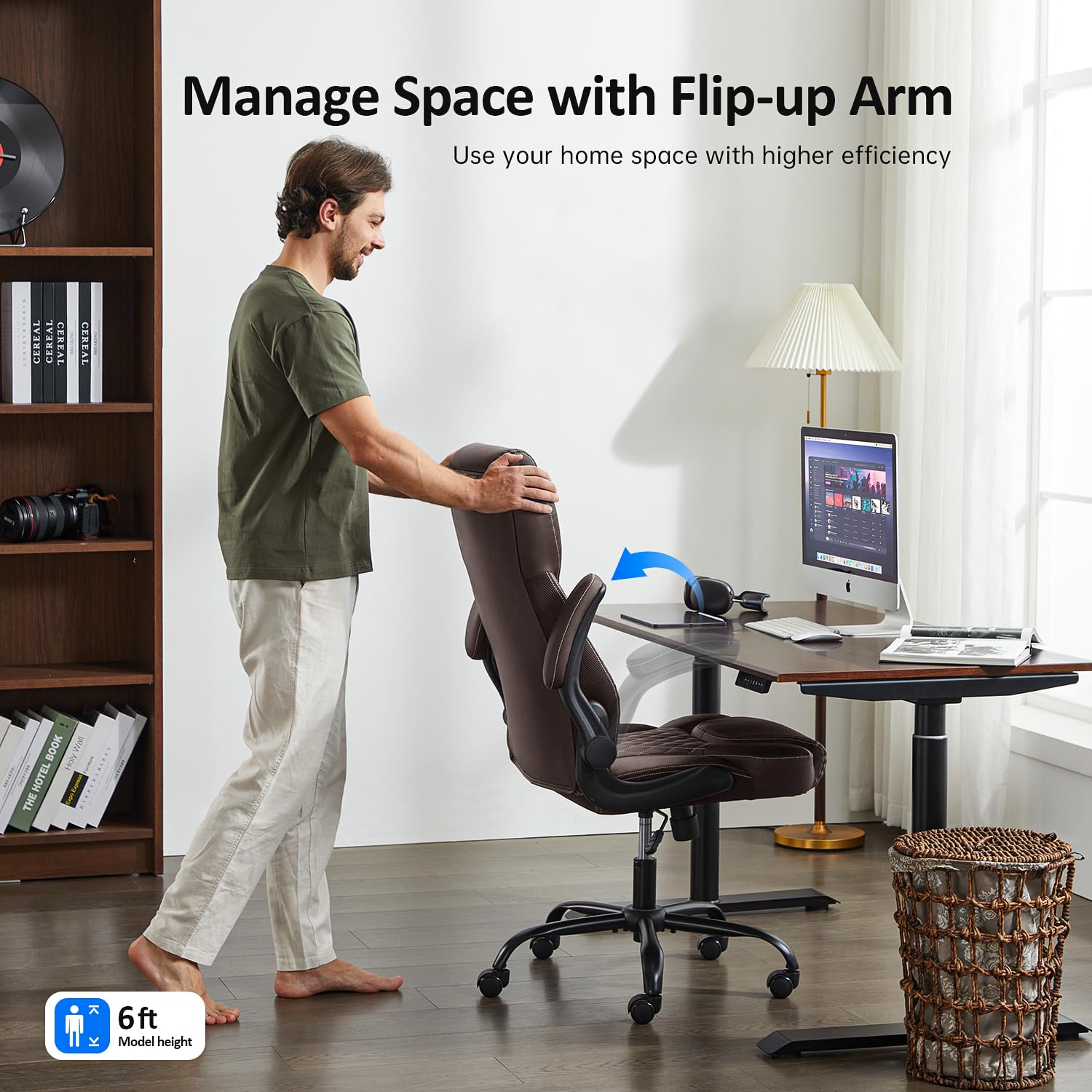 Premium Ergonomic Office Chair - Executive Leather Desk Chair with Adjustable Flip-Up Arms, Lumbar Support & Swivel Rocking Function - Perfect for Home Office, Computer Work & Gaming (Brown)
