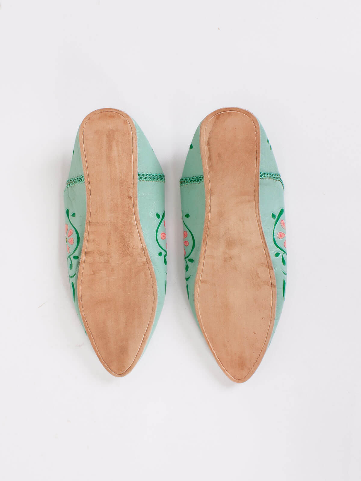 Hand Painted Floral Moroccan Babouche Slippers - Comfortable Sage Green House Shoes for Women | Perfect for Home, Lounge & Boho Style Outfits