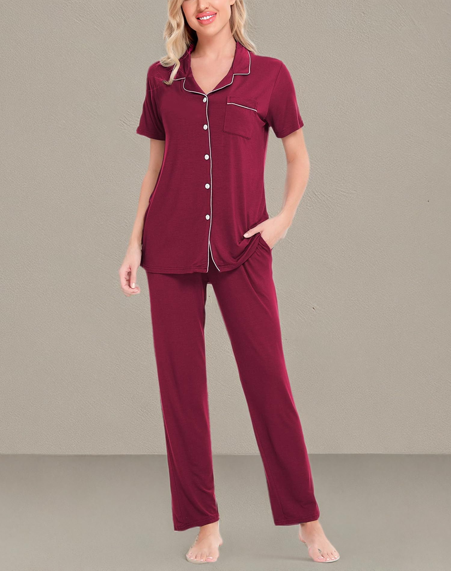 SWOMOG Women's 2-Piece Pajama Set - Soft Short Sleeve Button Down Sleepwear with Comfortable Long Pants for Nightwear, Lounge & Relaxation at Home