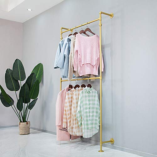 Industrial Pipe Clothes Rack - Heavy Duty Wall Mounted Black Iron Garment Hanging Rod for Closet, Wardrobe & Laundry Room Storage - Multi-Purpose Rustic Pipe Shelf for Coats, Jackets & Drying Clothes (Gold Finish) - Perfect for Home, Apartment & Commercial Use