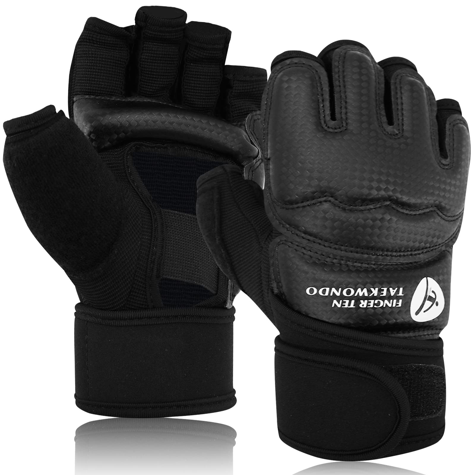 Taekwondo Sparring Gloves - Half Finger PU Leather Martial Arts Training Gloves for Men, Women & Kids - Boxing Wrist Wraps & Fingerless Mitts for Punching Bag, Gym Workouts & Self Defense Training