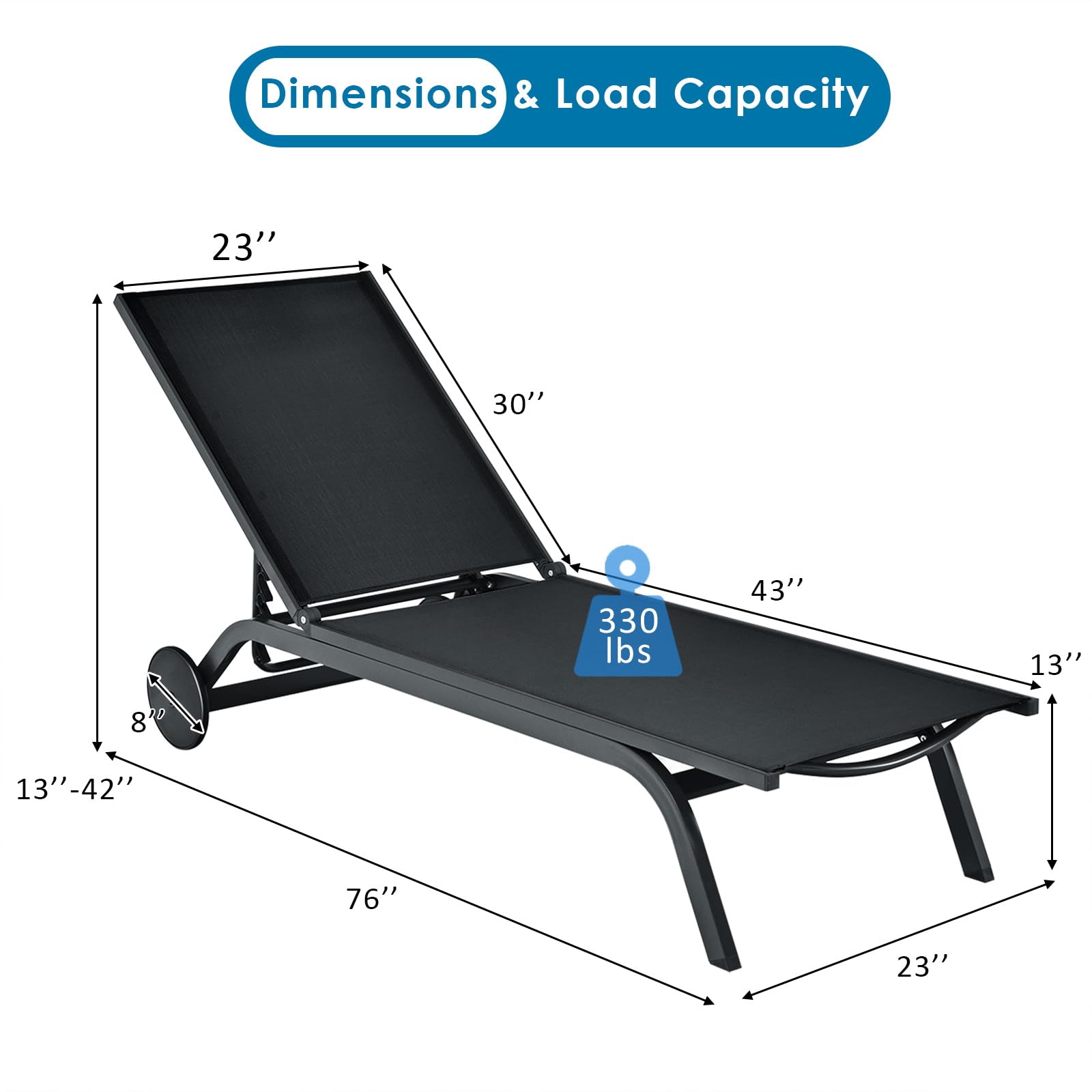 **Giantex Adjustable Aluminum Patio Lounge Chair with 6-Position Recliner & Wheels - Outdoor Chaise Lounge for Poolside, Beach, Garden, and Backyard Sunbathing (2-Pack, Black)**