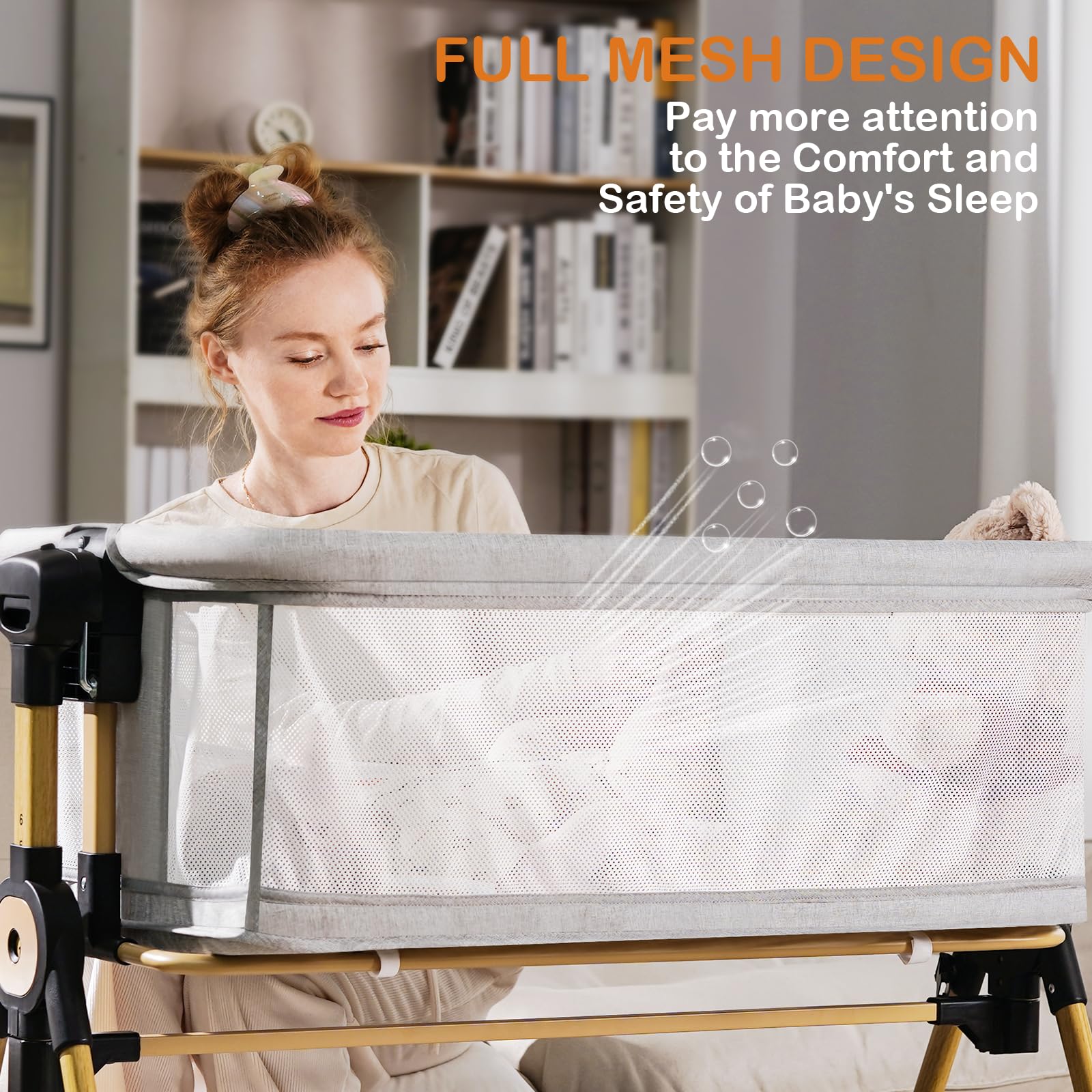 **Portable Baby Bassinet with Adjustable Height & Storage - 6-Level Bedside Sleeper for Newborns, Breathable Mesh Sides, Wheels & Rocking Function - Perfect for Nursery, Co-Sleeping & Travel**