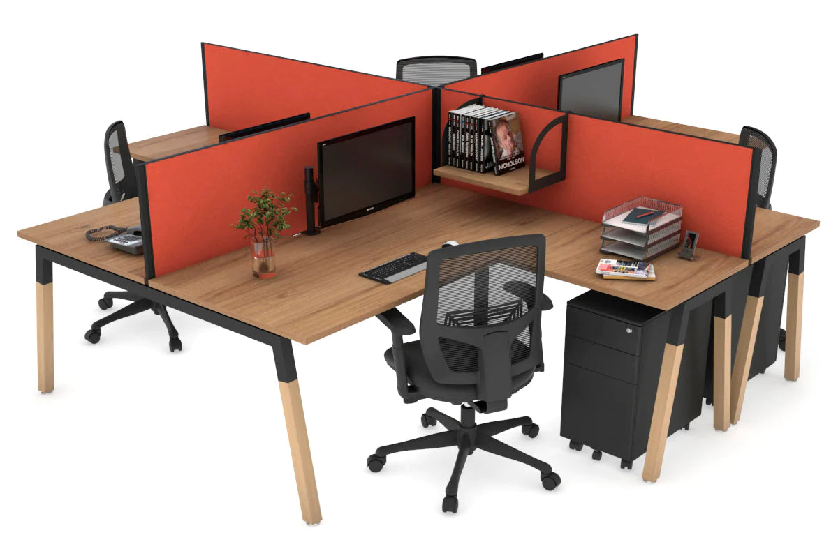 Quadro Wood A Legs Cross Beam 4-Person Corner Workstation Desk - 1600L x 1800W with Cable Management Scallop - Perfect for Office, Home Workspace & Collaborative Environments