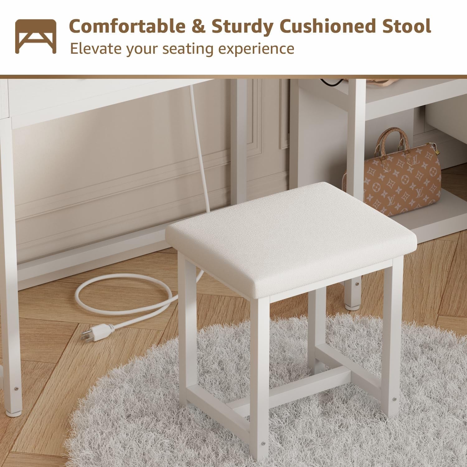 Modern White Small Makeup Vanity Desk Set with Wood Drawers & Stool - Foldable Countertop, Built-in Outlets - Perfect for Bedroom, Dressing Room & Apartment Beauty Space