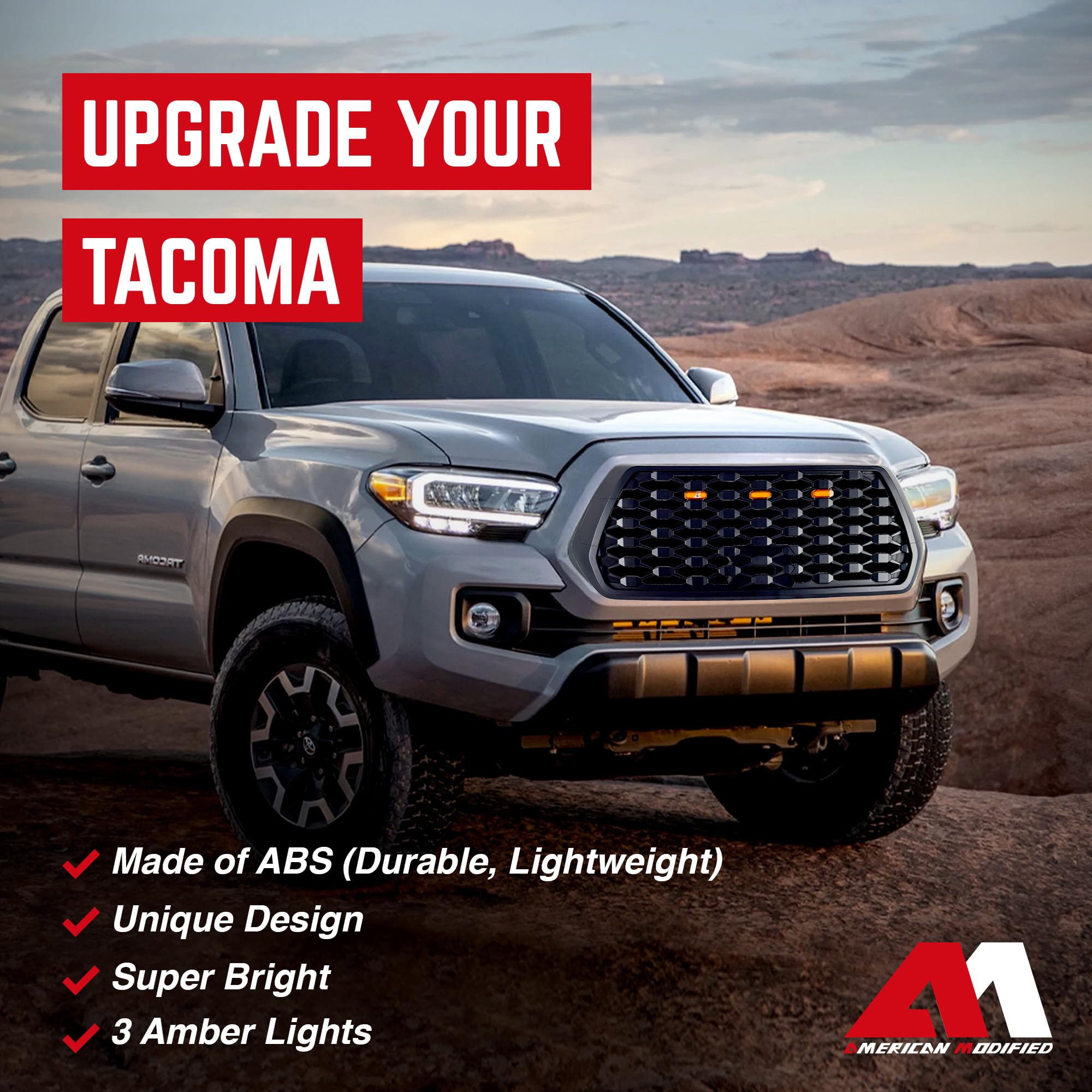 2016-2023 Toyota Tacoma Front Hood Bumper Replacement Grille with LED Lights - American Modified Style (Excludes Trucks with Radar Behind Emblem) | Off-Road Upgrade & Custom Look