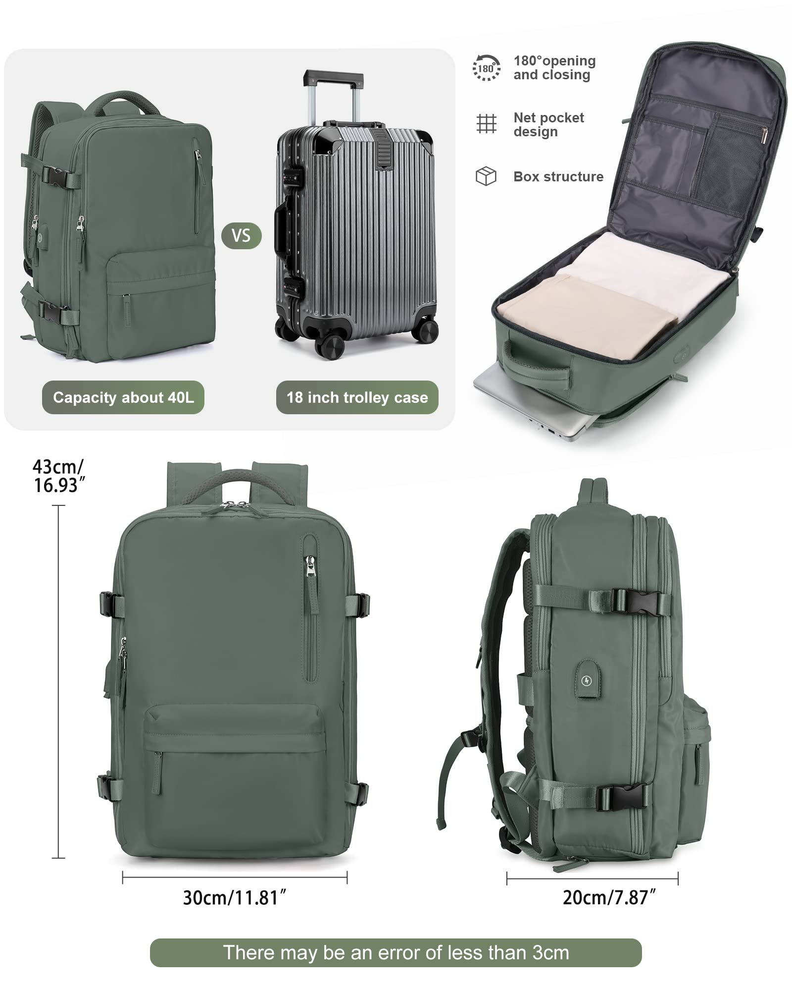 VGCUB 40L Large Travel Backpack for Women & Men - Waterproof Carry On Backpack with 17 Inch Laptop Compartment - Flight Approved Business Work Backpack - Perfect for Air Travel, Commuting & Outdoor Adventures - Green