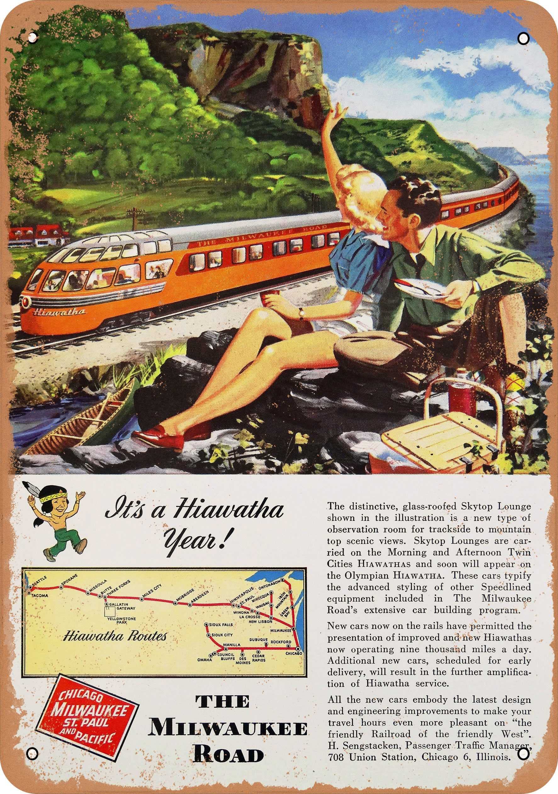 Vintage 1948 Milwaukee Road Hiawatha 7x10 Inch Metal Sign - Rustic Retro Wall Decor for Man Cave, Garage, Bar, or Office