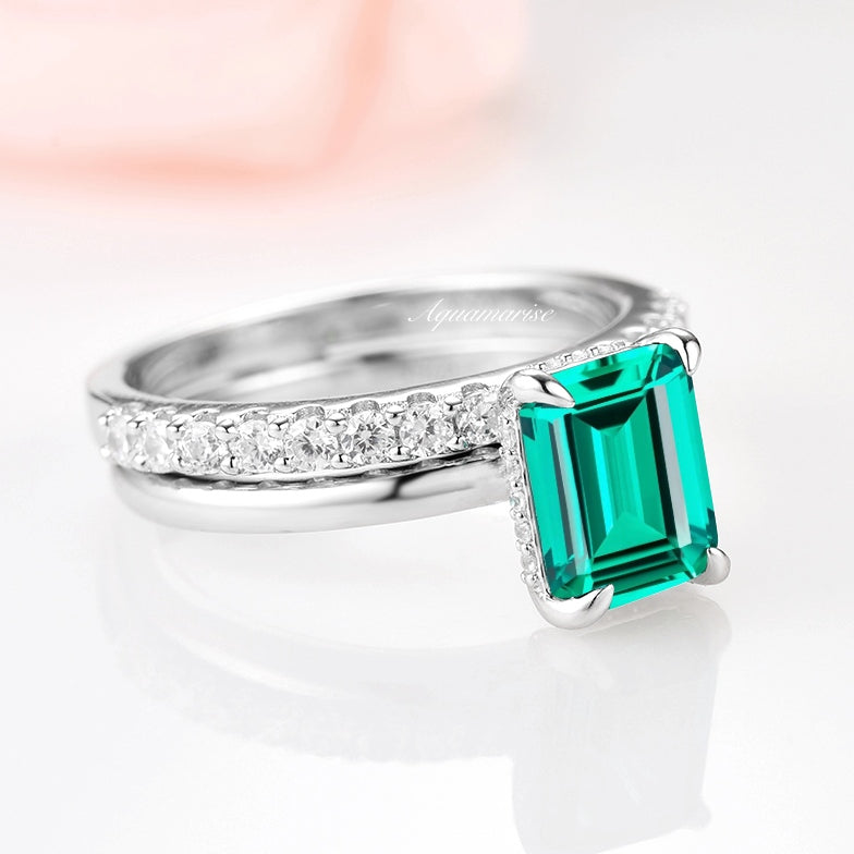 Hidden Halo Emerald Ring Set - 925 Sterling Silver Wedding Engagement Ring for Women, Perfect for Anniversary, Proposal & Special Occasions