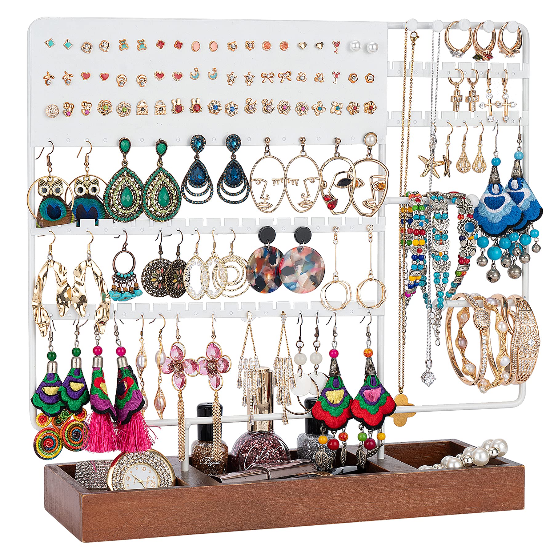 130-Hole Ear Stud Holder Stand with Wooden Tray - White Jewelry Organizer Tower for Earrings, Rings & Small Accessories - Perfect for Bedroom Vanity, Dresser Top & Travel Jewelry Storage