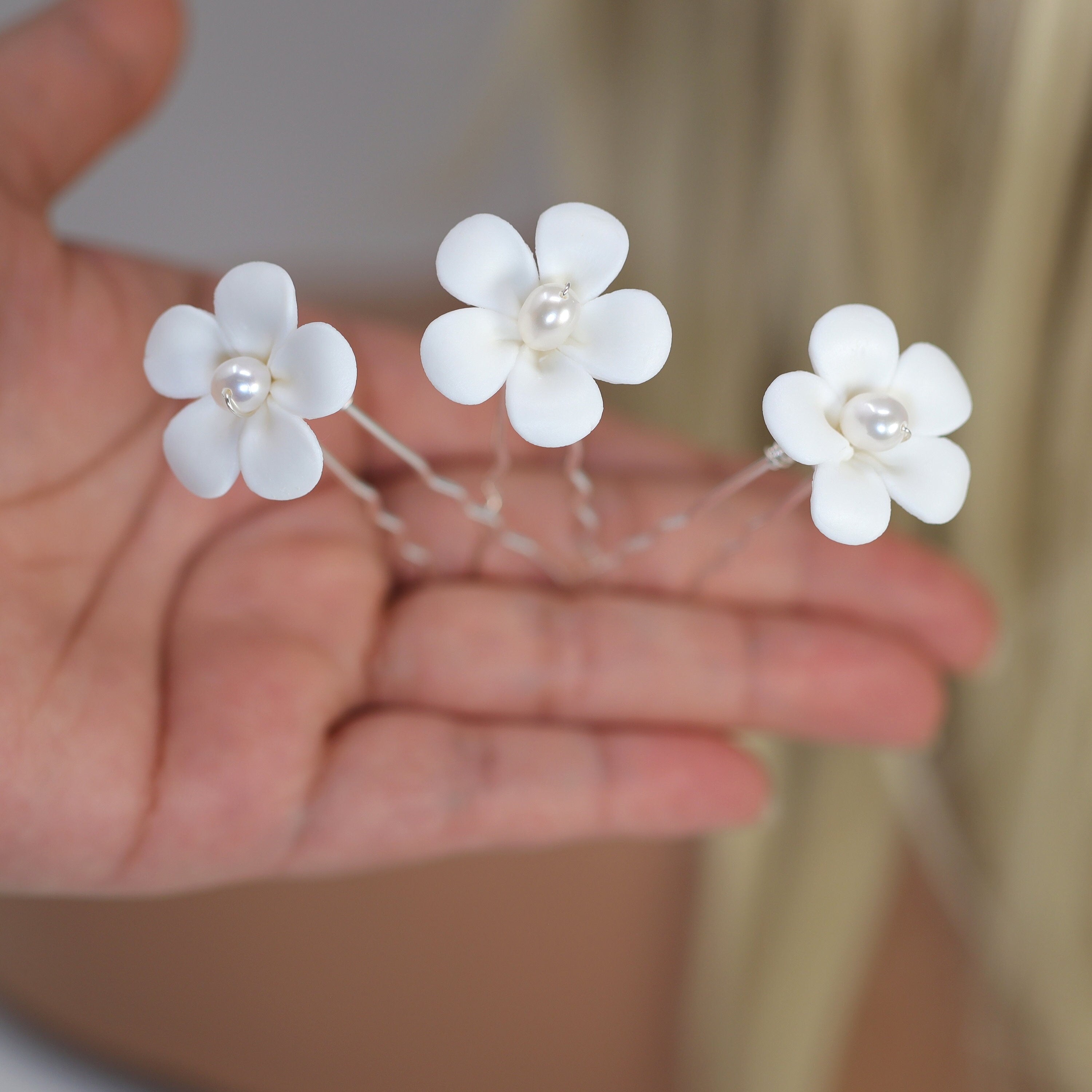 3-Piece Natural Pearl & Porcelain Hair Pin Set - Ceramic White Flower Bridal Hair Accessories & Statement Earrings for Weddings, Parties & Special Occasions
