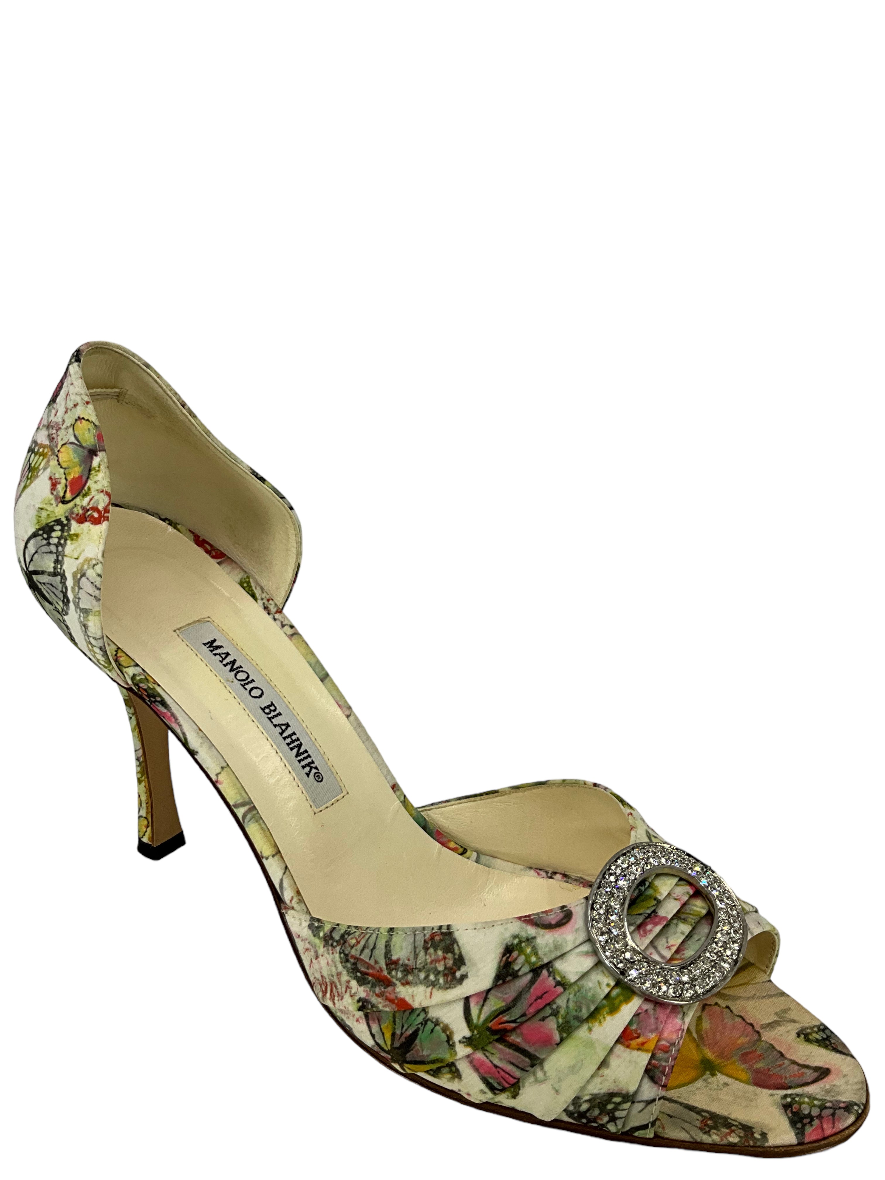 Manolo Blahnik Women's Size 11 Fabric Butterfly Print Pumps - Elegant Heels for Weddings, Parties & Special Occasions