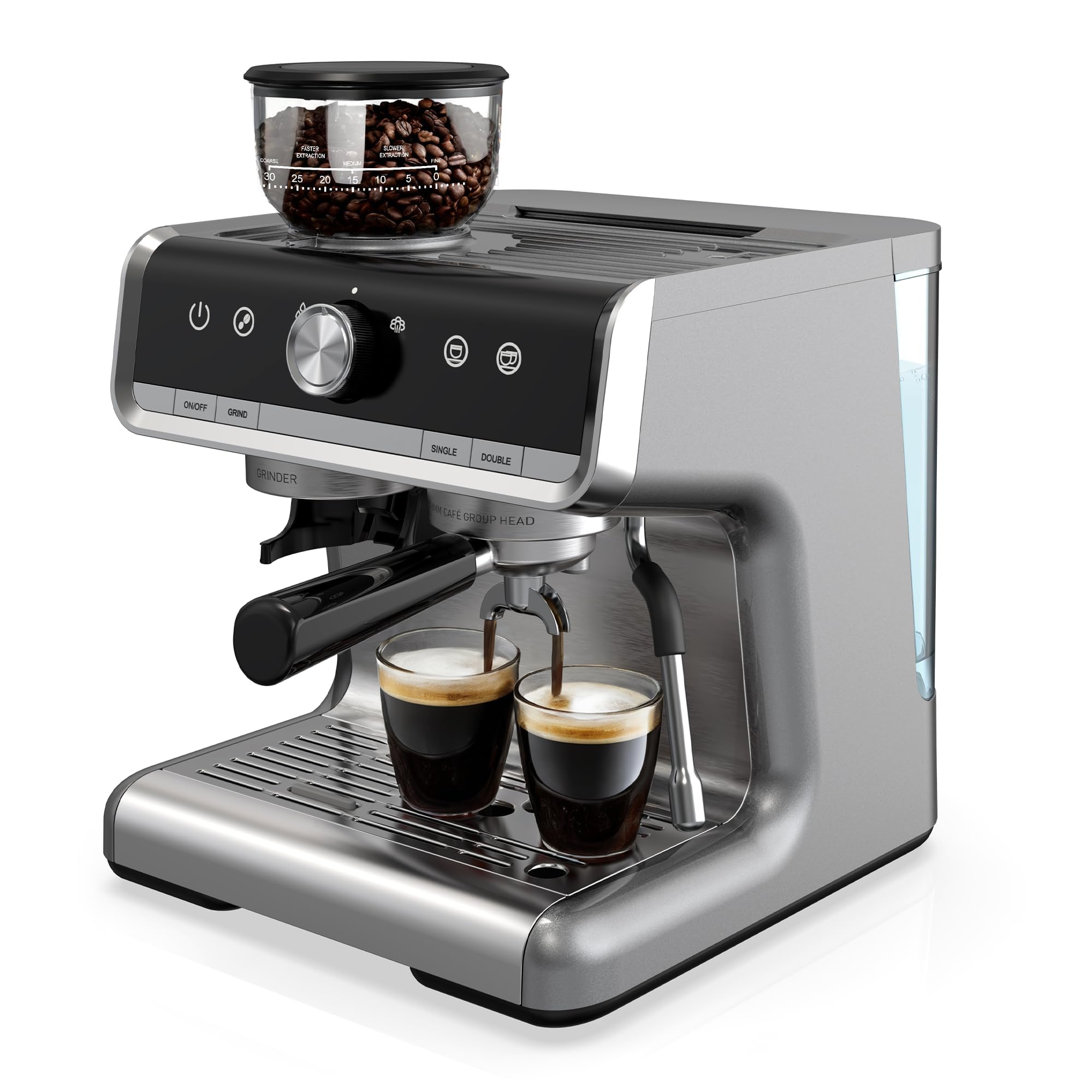 Premium Espresso Machine with Built-in Grinder & Steam Wand - 2.8L Water Tank for Cappuccino, Latte, Macchiato - Silver | Perfect for Home Baristas & Coffee Shops