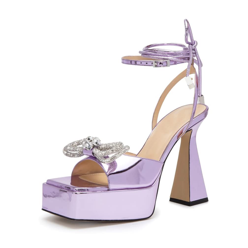 Arqa Women's Double Rhinestone Bow Sandals - Metallic Leather Platform Lace-Up Slingback High Heels for Summer Weddings & Parties | Comfortable Dressy Shoes for Bridal, Prom & Evening Events
