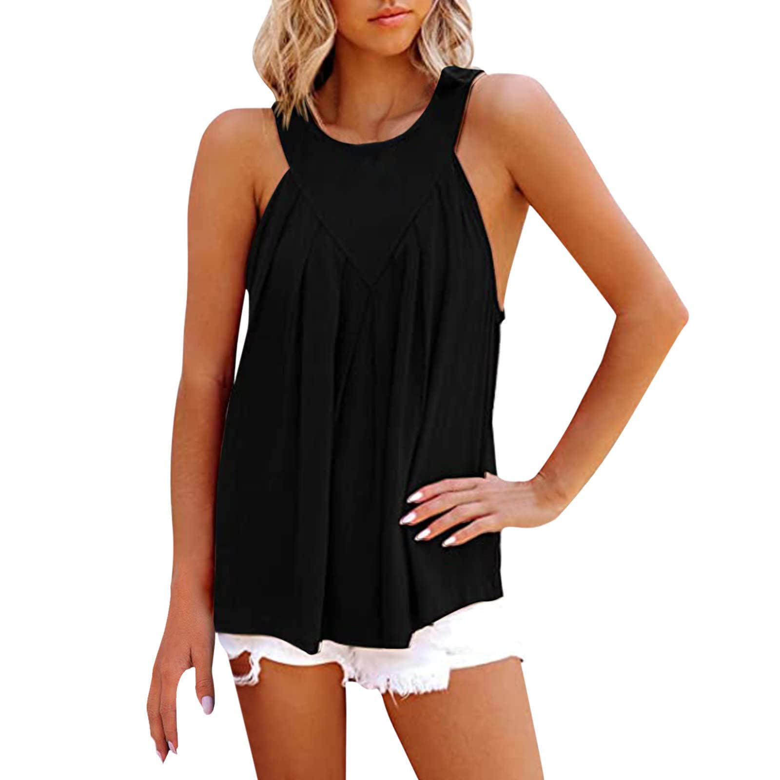 2023 Trendy Women's Summer Casual Sleeveless Halter Tank Top - Flowy Pleated Beach Shirt & Loose Fit Blouse for Vacation, Pool Party & Outdoor Activities