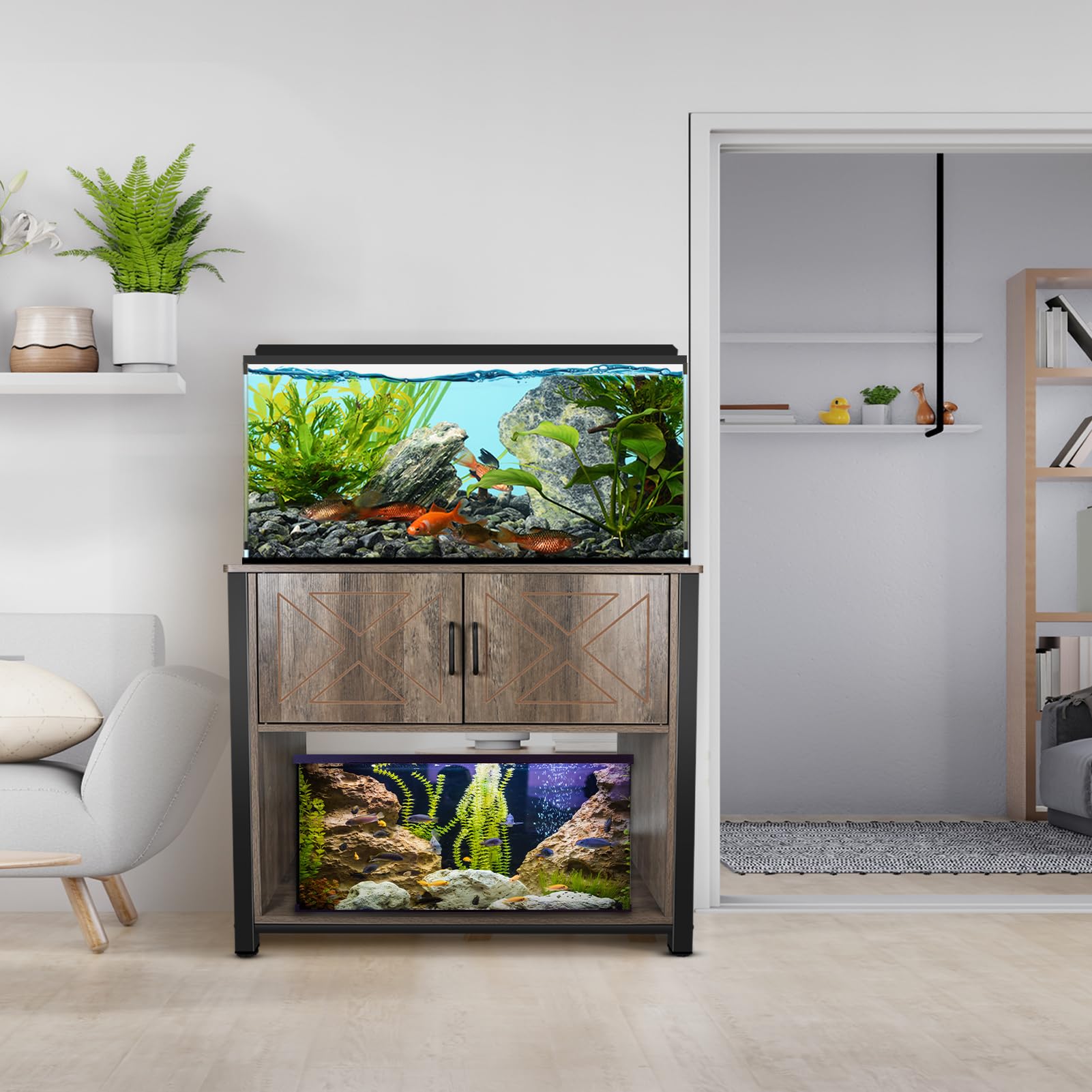 40 Gallon Aquarium Stand with Cabinet & Power Outlets - Heavy Duty Metal Fish Tank Stand for 40-50 Gallon Breeder & Turtle Tanks - Double Terrarium Stand with 660LBS Capacity, Grey - Perfect for Reptile Enclosures & Aquatic Pet Habitats