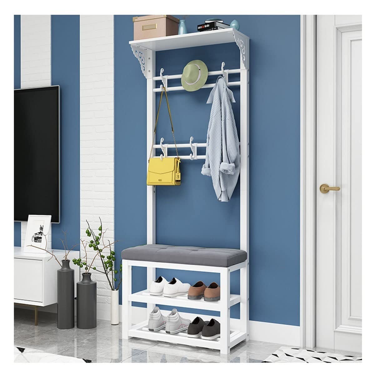 LLLD 3-in-1 Coat Rack Shoe Bench Hall Tree - Entryway Storage Organizer with 2-Tier Bench, 2 Rows Hooks & Shoe Storage - Perfect for Bedroom, Hallway & Living Room Organization
