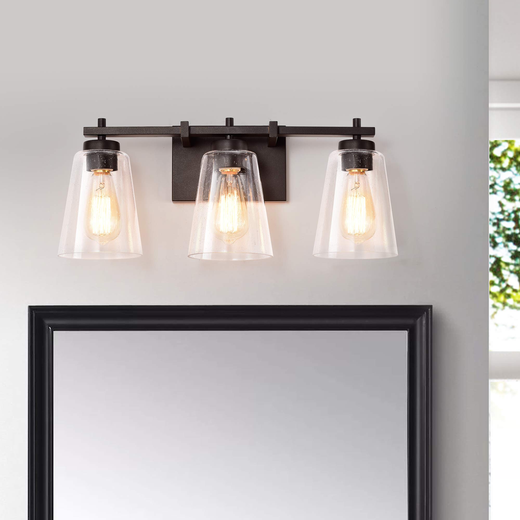 Industrial 3-Light Bathroom Vanity Light Fixture with Clear Seeded Glass Shade - Oil Rubbed Bronze Finish for Modern Farmhouse & Rustic Bathroom Decor