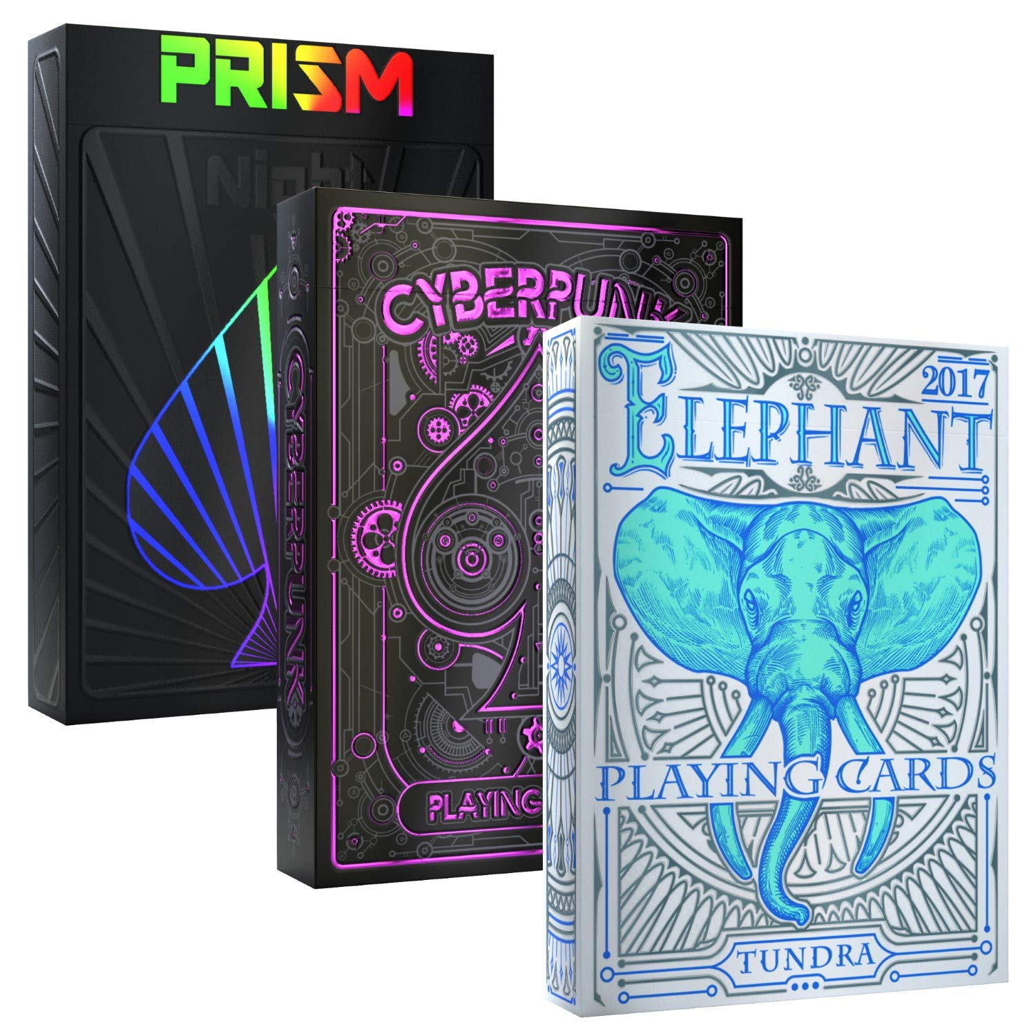 3-Deck Premium Playing Cards Bundle - Elephant Tundra, Cyberpunk Purple & Prism Night | High-Quality Poker Cards for Magic Tricks, Cardistry & Game Nights | Save 15% on Multi-Pack
