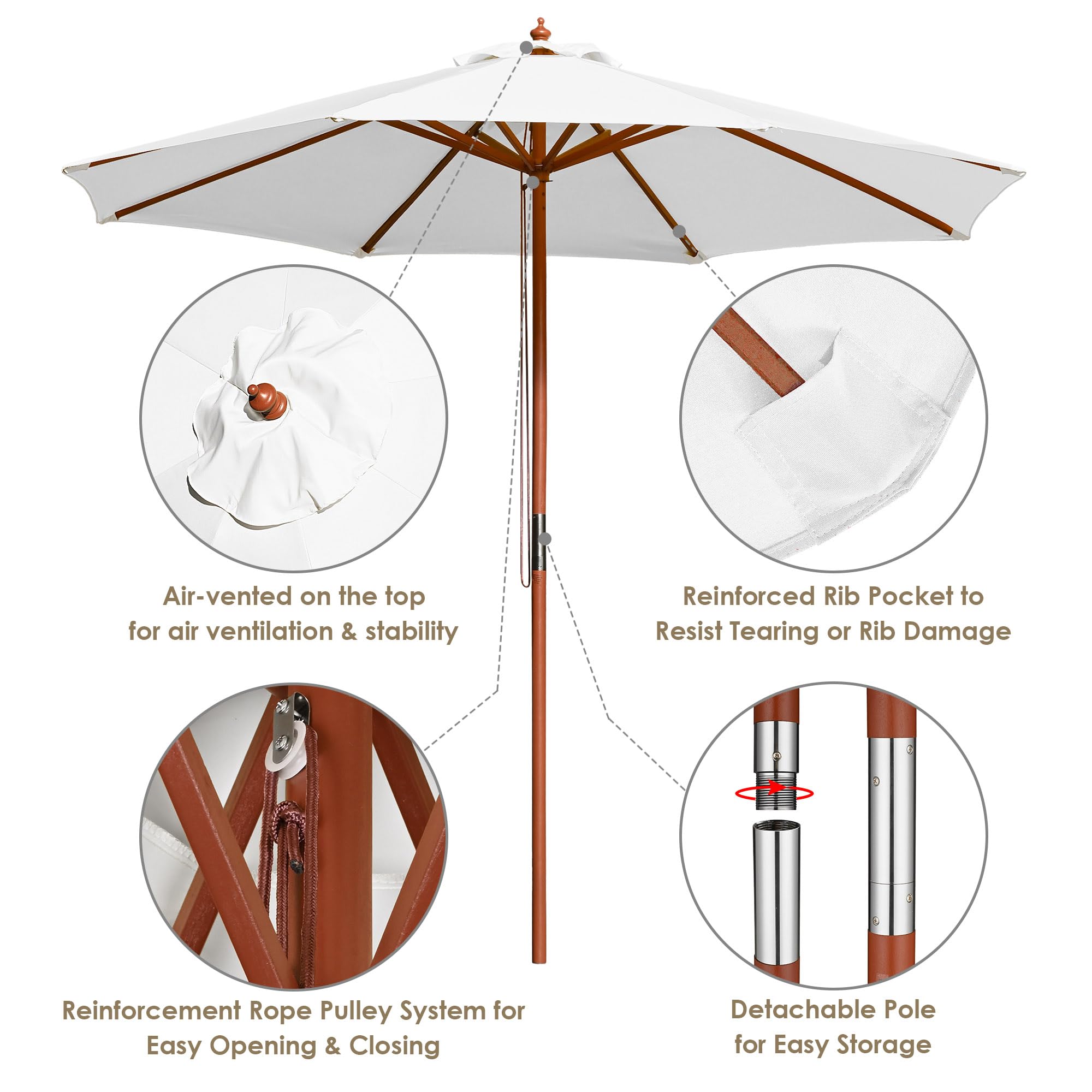 9ft Wood Outdoor Patio Umbrella - Pure White Sun Shade for Garden, Yard, Beach, Deck, Cafe & Wedding Parties - Perfect for Relaxing and Outdoor Entertaining