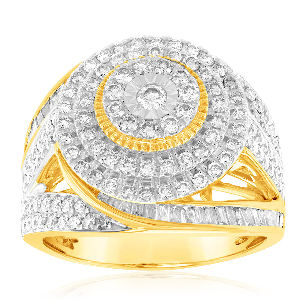 9ct Yellow Gold 2 Carat Diamond Dress Ring with Brilliant & Baguette Cut Stones - Elegant Wedding Band, Anniversary Gift for Her, Perfect for Special Occasions & Evening Events
