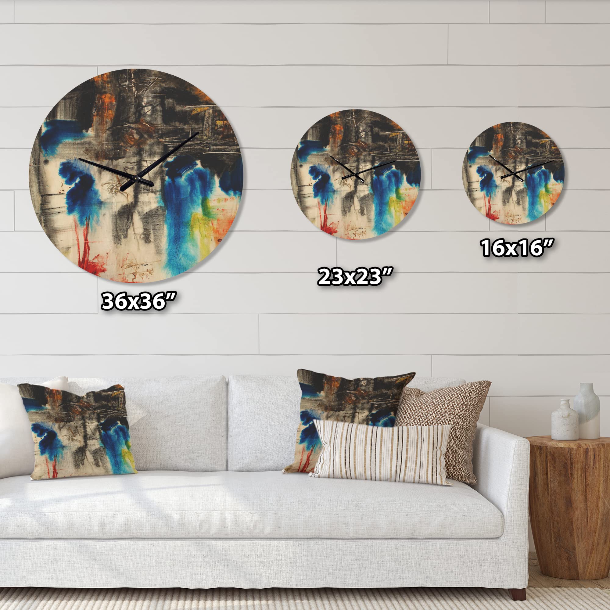 Modern Wood Wall Clock - Blue, Black & Yellow Pattern - Large Decorative Oversized Wooden Clock for Living Room, Bedroom & Office Décor - Perfect for Home, Office & Gifts
