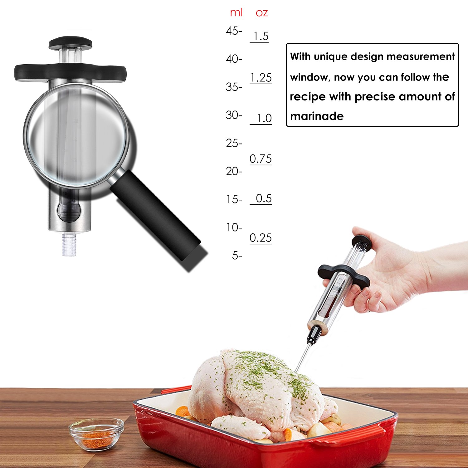 Premium Stainless Steel Meat Injector Kit - 2 Professional Marinade Needles with Measurement Window & Cleaning Brushes - Perfect for BBQ, Grilling, Smoking, and Home Cooking