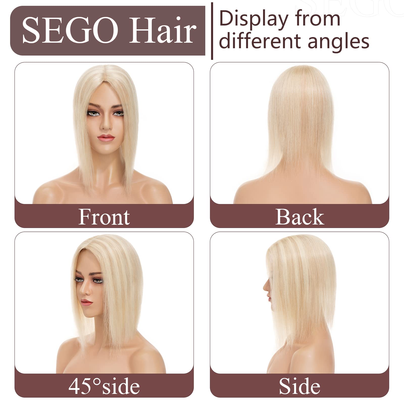 SEGO Clip-in Human Hair Topper for Women - No Bangs Remy Hair Topper with Silk Base, 4 Clips for Thinning Hair & Hair Loss - Perfect for Covering Grey Hair & Daily Styling (Work, Parties, Weddings)