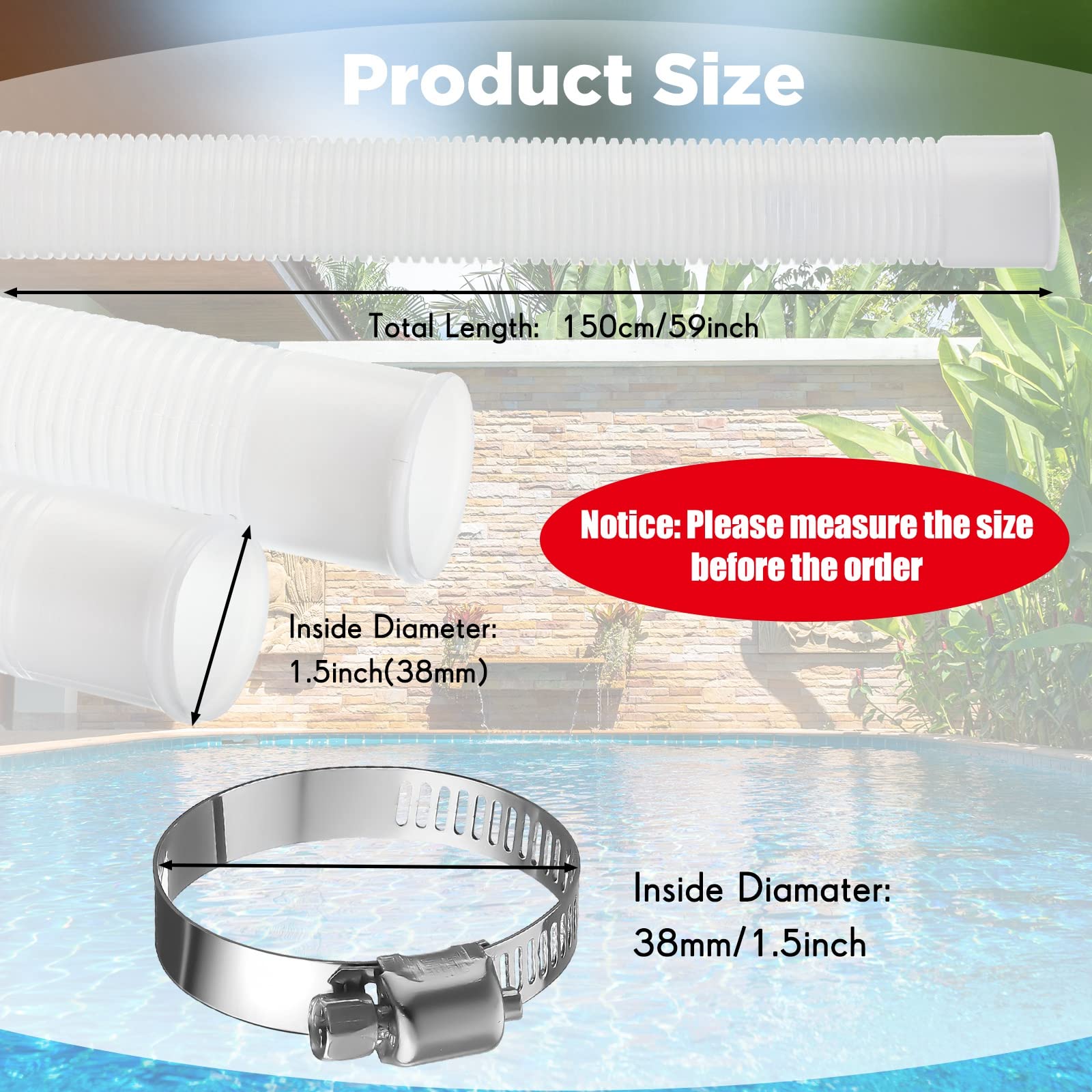 1.5 Inch Above Ground Pool Hose - 59 Inch Replacement Pump Hose with 16 Hose Clamps | Durable Swimming Pool Accessory for Water Circulation & Maintenance