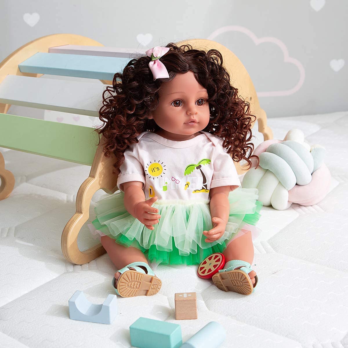 Realistic Reborn Baby Doll - Lifelike Full Silicone Body Toddler Doll with Curly Hair (Green Dress) - Perfect for Collectors, Gift Giving & Therapy Use