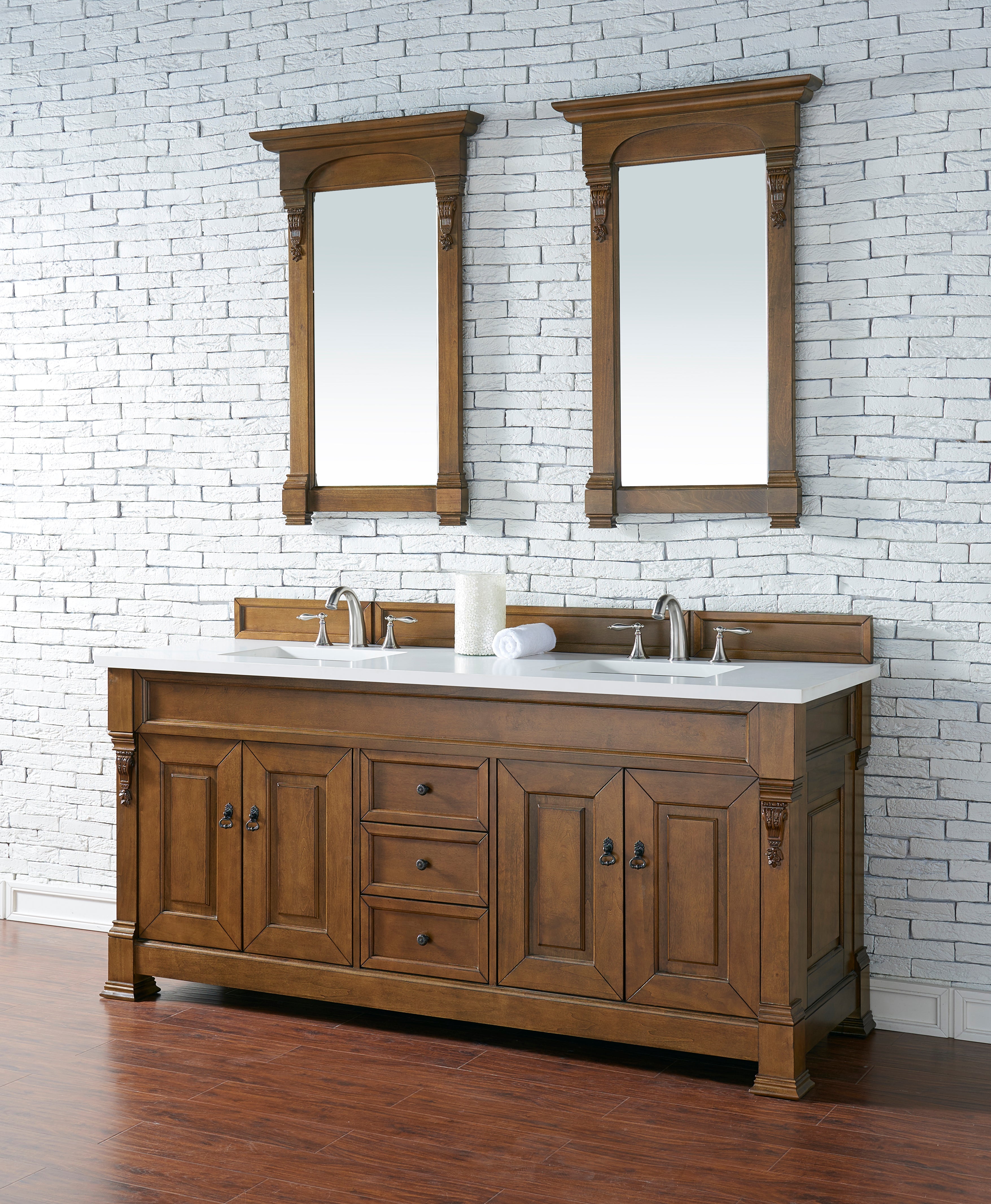 Brookfield 72 Inch Double Vanity with Country Oak Finish & 3CM Classic White Quartz Countertop - Perfect for Bathroom Remodeling and Modern Farmhouse Style Homes