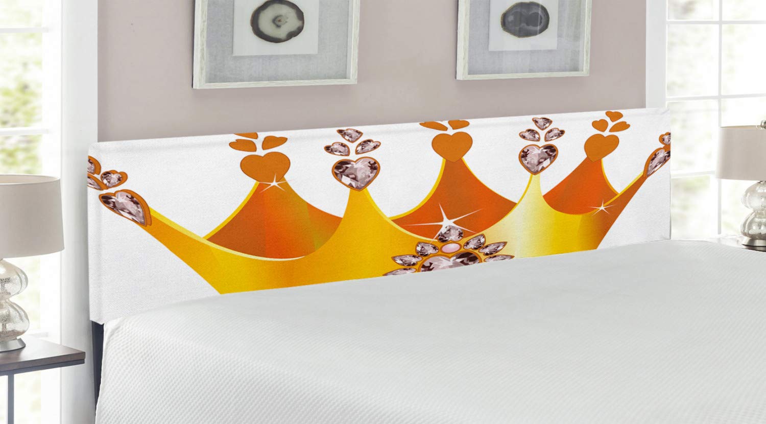 Ambesonne Queen Size Upholstered Headboard with Memory Foam - Tiara Cartoon Style Floral Heart Design, Decorative Metal Bed Frame for Girls' Room, Princess Theme Bedroom Decor (Multicolor) | Perfect for Kids' Bedrooms, Teen Girls' Rooms & Fantasy Themed Decorations