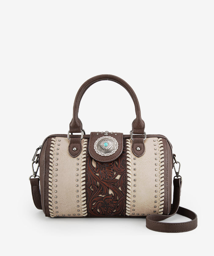 Montana West Genuine Leather Tooled Concho Barrel Satchel Bag for Women - Western Style Crossbody Purse for Cowgirl Fashion & Everyday Use