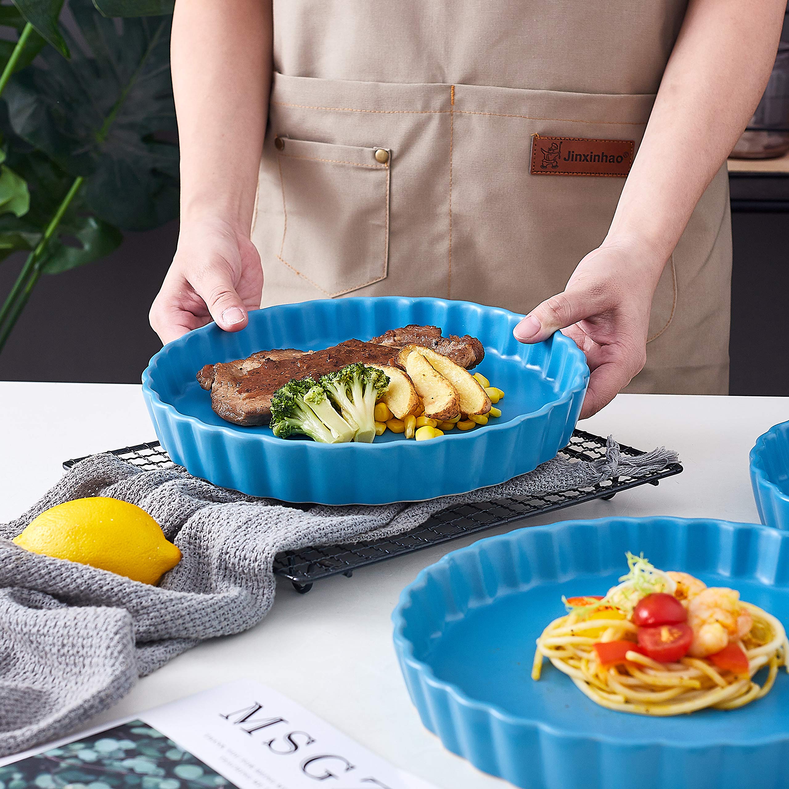 Bruntmor 10-Inch Ceramic Pie Pans Set of 4 - Nonstick Oven Safe Baking Dishes for Quiche, Apple Pie, Tart & More - Blue Porcelain Round Tart Pans - Perfect for Holiday Baking, Dessert Making & Family Gatherings