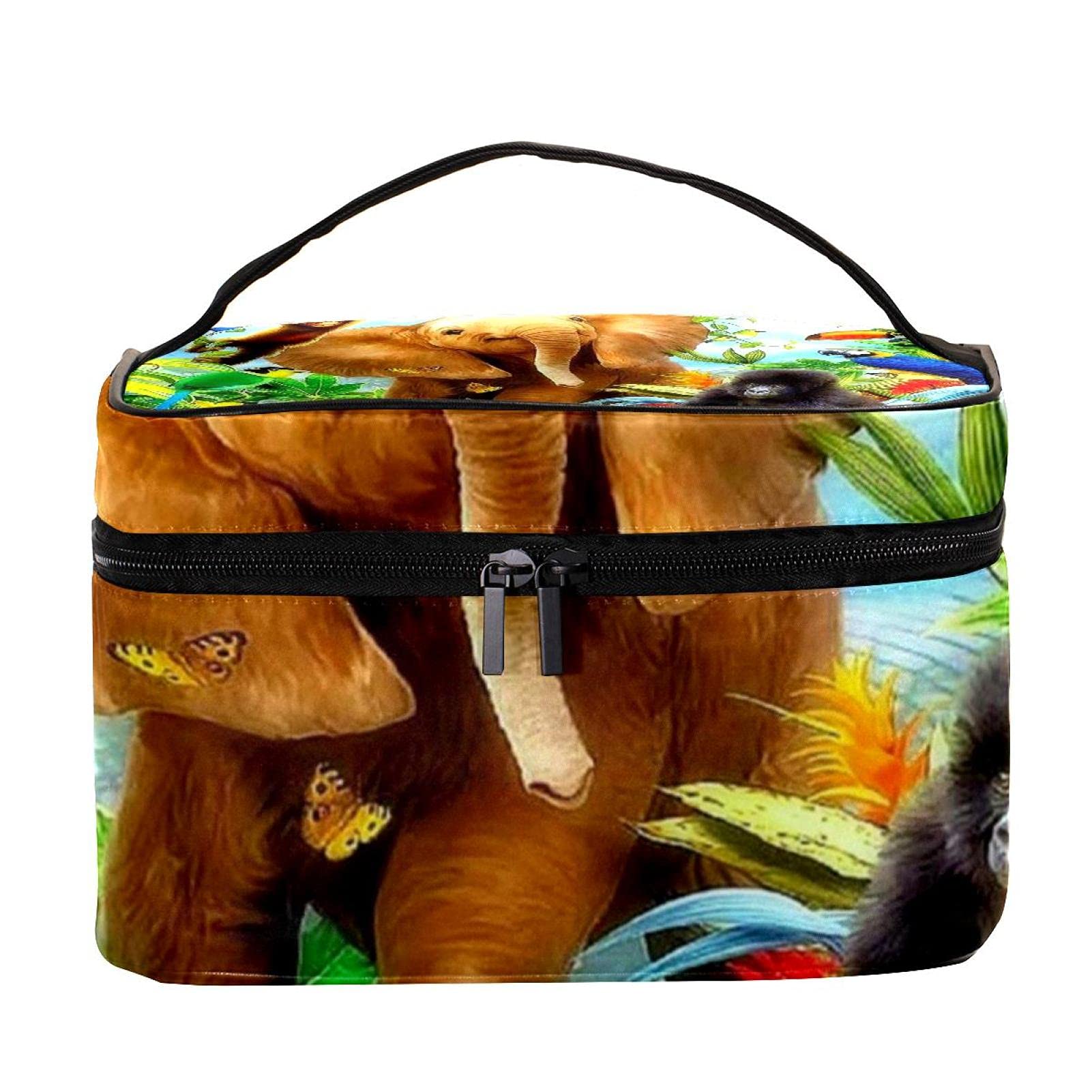 Jungle Elephant Monkey Bird Parrot Flowers Pattern Travel Makeup Bag - Large Cosmetic Organizer with Zipper for Women & Girls - Perfect for Vacation, Gym, and Daily Essentials Storage