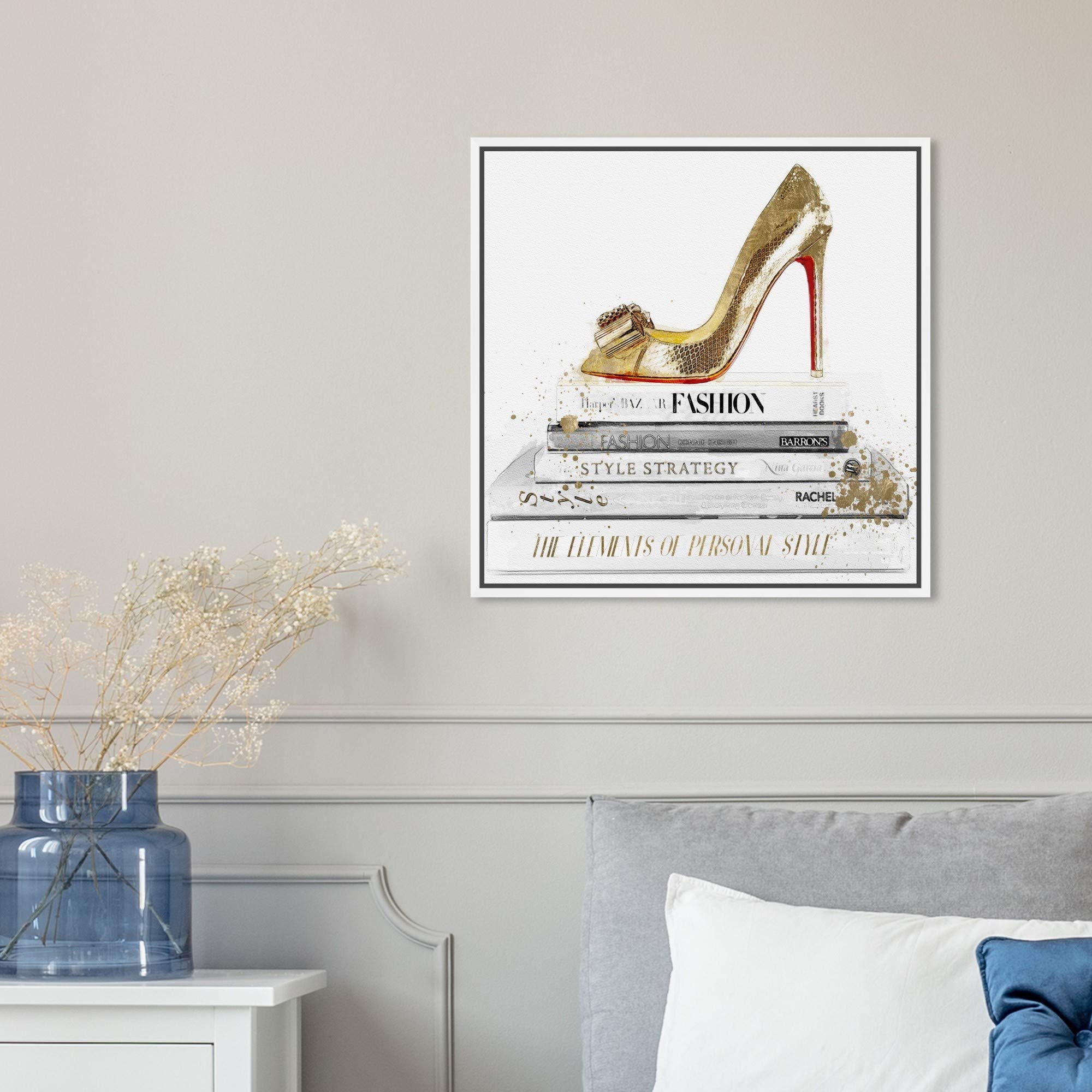 Oliver Gal Artist Co. Red Sole Shoes Framed Wall Art - 16x16 Inch Fashion Glam Canvas Print in Gold & White - Perfect for Home Décor, Bedroom & Office Wall Decor