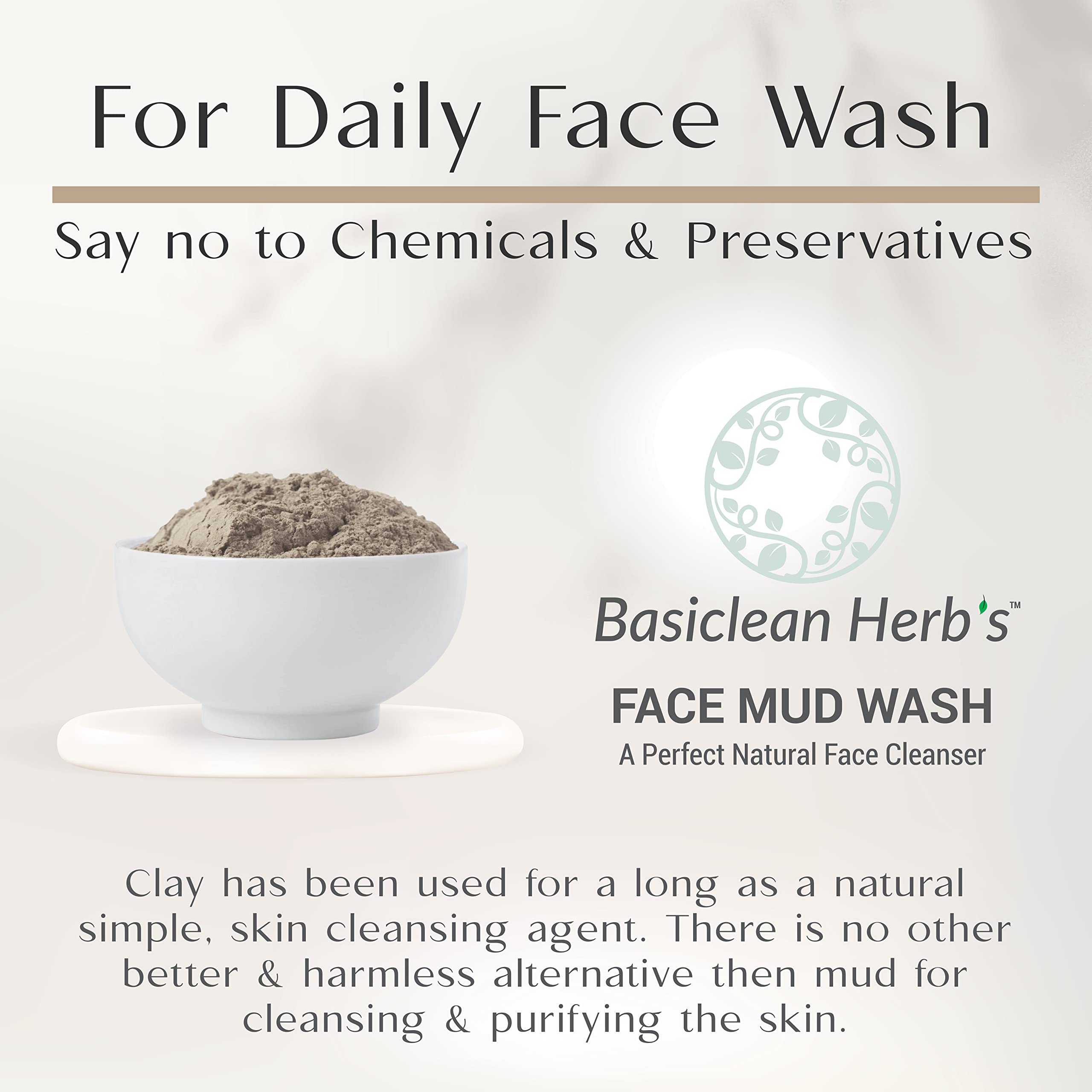 Basiclean Herb's Face Mud Wash - Natural Herbal Face Wash Powder for Bright & Clear Skin | 150g | Deep Cleansing & Exfoliating for Acne, Blackheads & Glowing Complexion | Perfect for Daily Skincare Routine & Spa Treatments