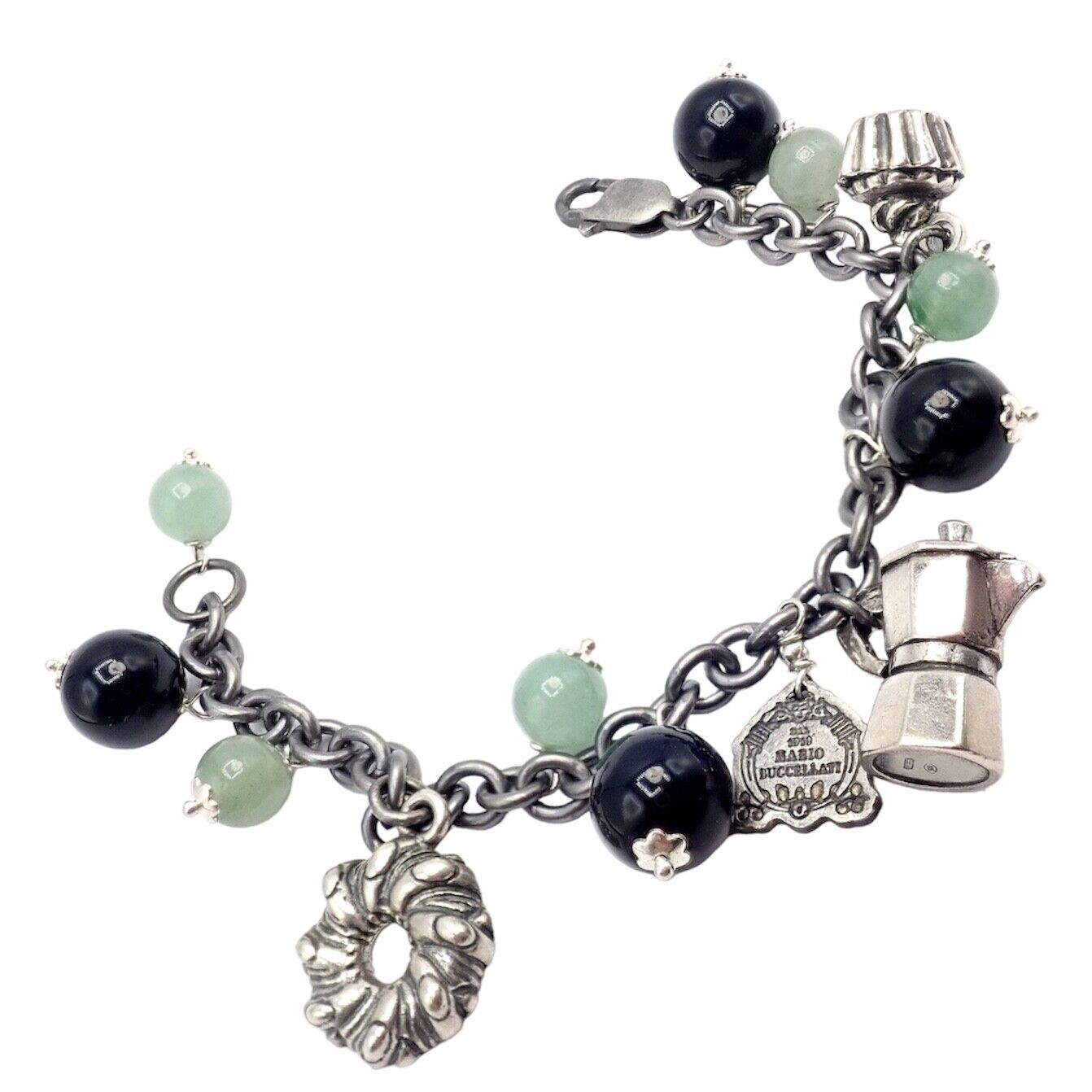 Vintage Mario Buccellati Sterling Silver Coffee Jadeite Onyx Beaded Charm Bracelet - Elegant Jewelry Gift for Women, Perfect for Parties, Weddings & Special Occasions