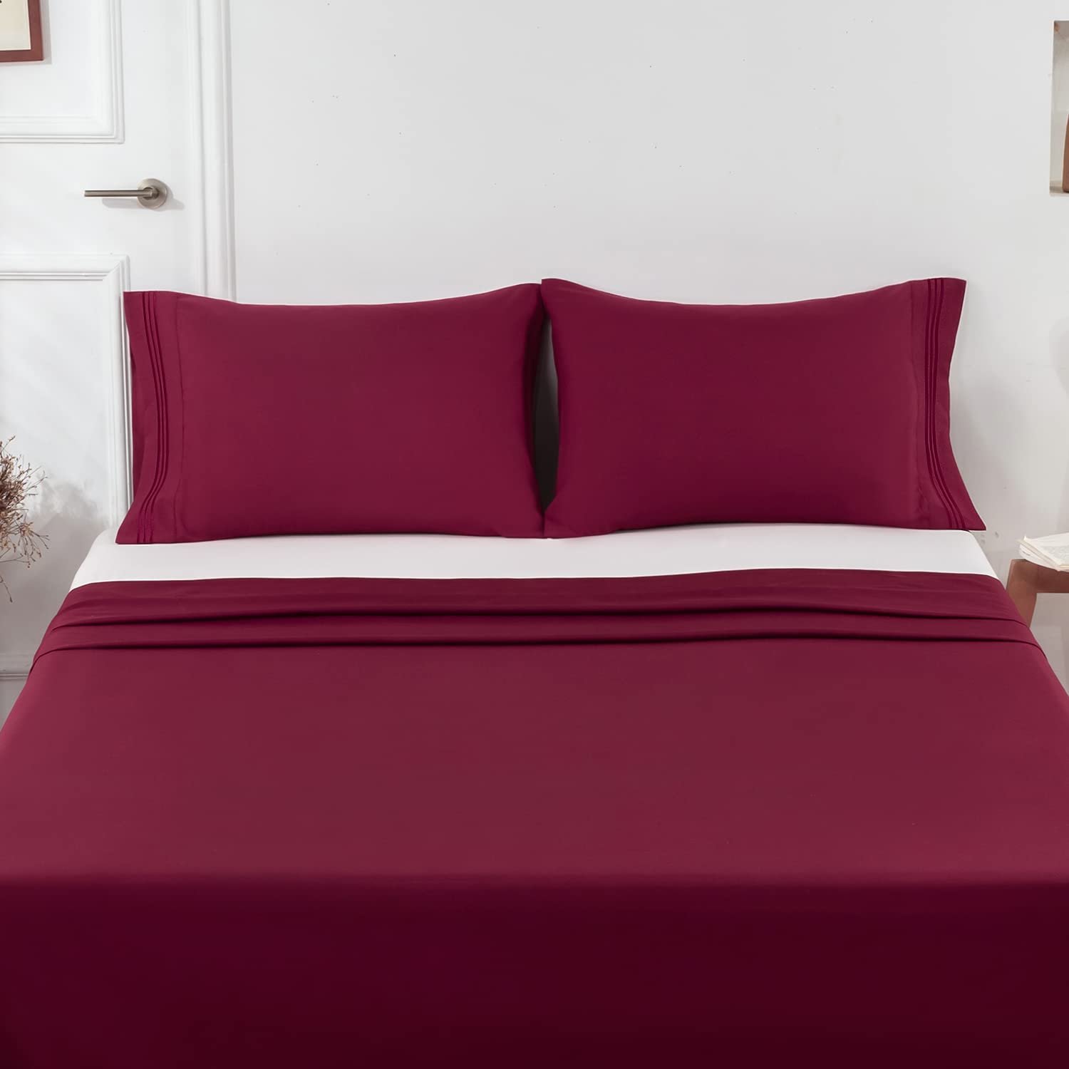Premium 1800 Thread Count King Size Pillowcases (2 Pack) - Soft Brushed Microfiber, Wrinkle-Free & Breathable - Burgundy Embroidered Luxury Bedding for Hotels, Guest Rooms & Home Decor - Machine Washable