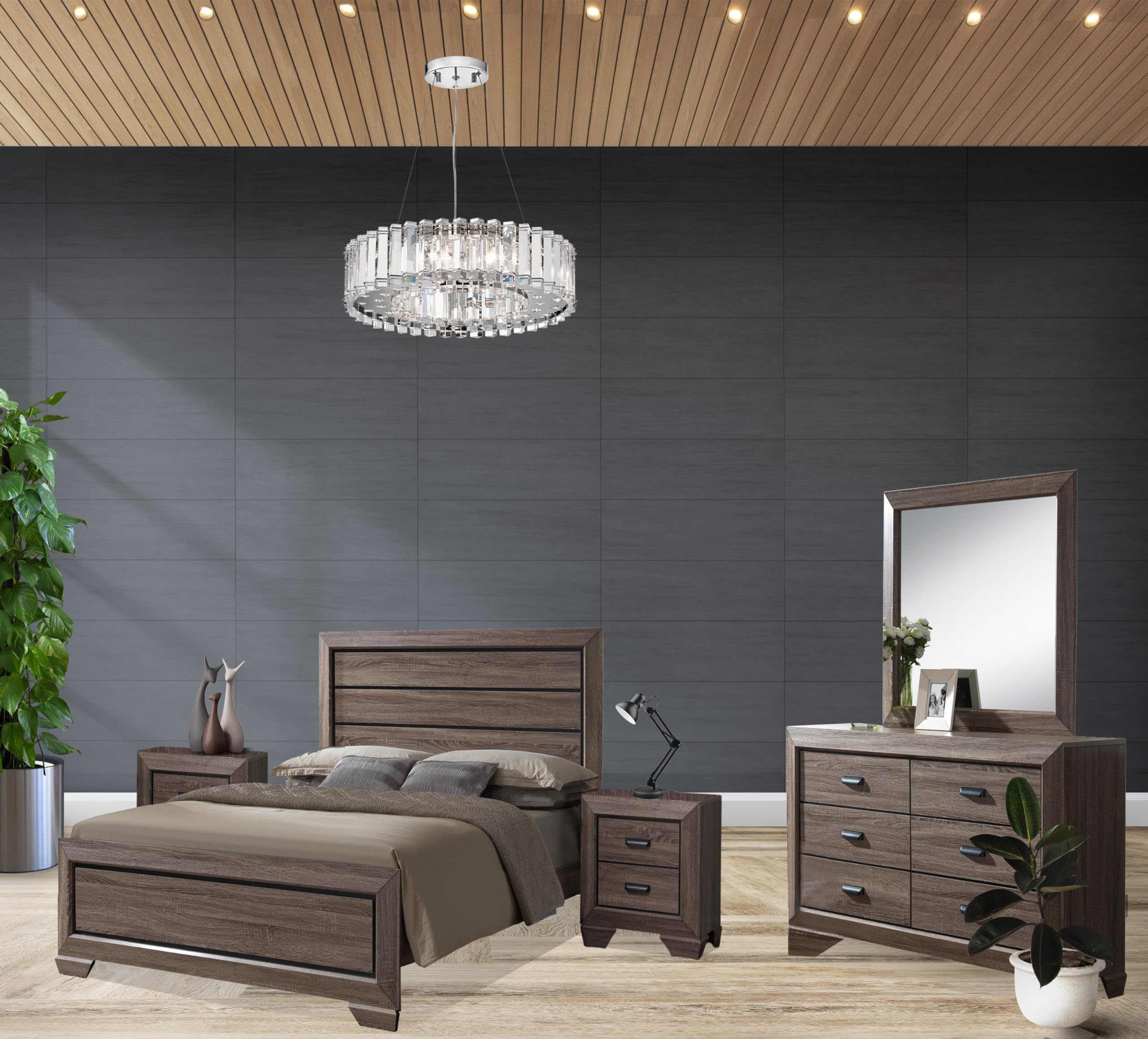 Kings Brand Furniture - 5-Piece Black/Brown Modern Queen Size Bedroom Set with Bed, Dresser, Mirror & 2 Nightstands | Stylish Bedroom Furniture for Master Suite, Guest Room & Apartment Decor